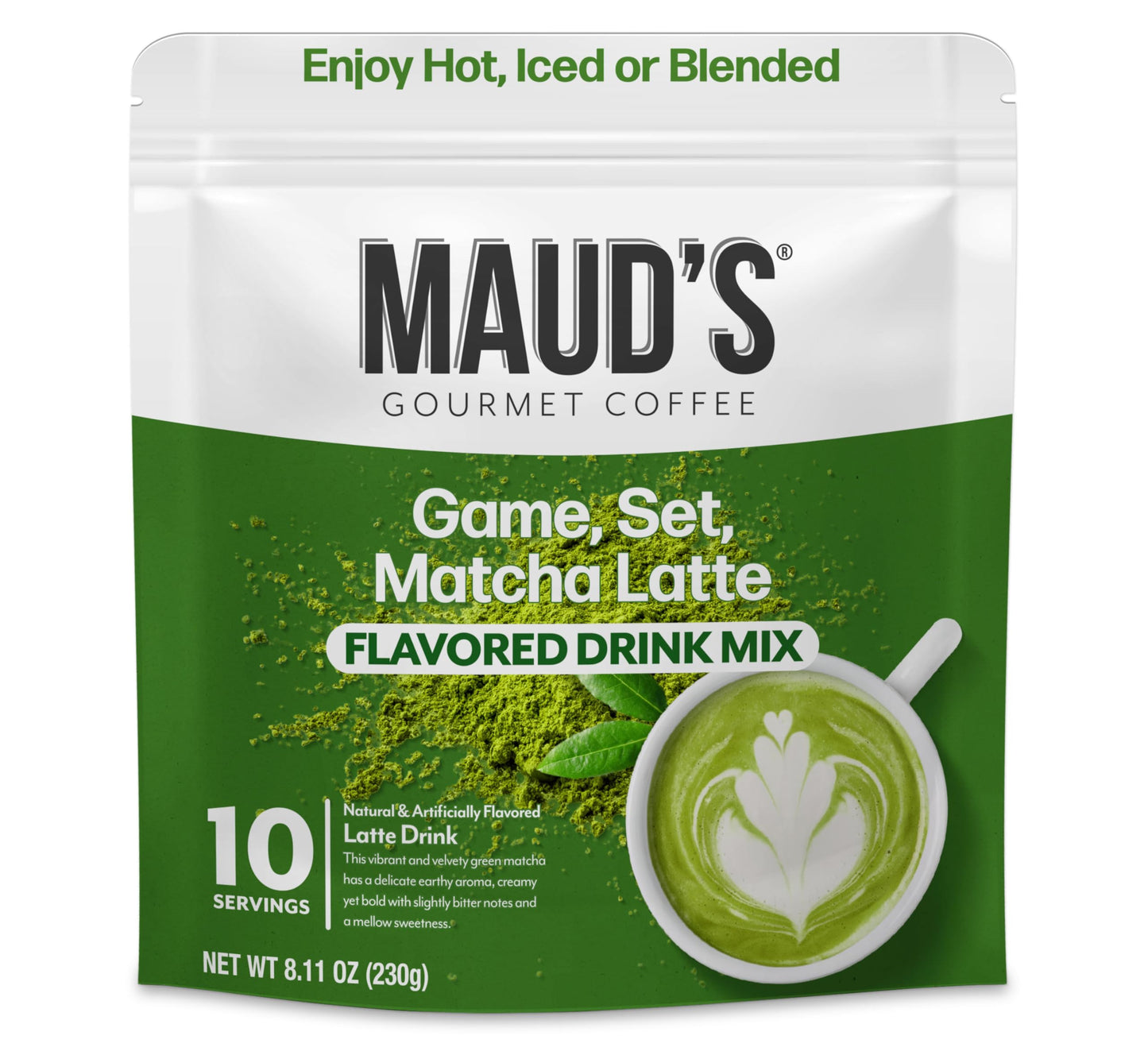 Maud's Instant Matcha Latte Mix, Flavored Drink Mix 10 Servings, 100% Gourmet Blended Tea Leaves, Hot Or Iced Matcha Latte - Just Add Water