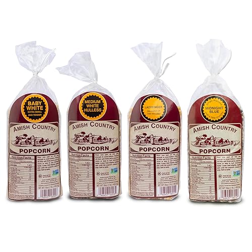 Amish Country Popcorn | 4-1lb Bags | Variety Pack | 1 lb each (Baby White - Medium White - Ladyfinger and Midnight Blue Popcorn Kernels) | Old