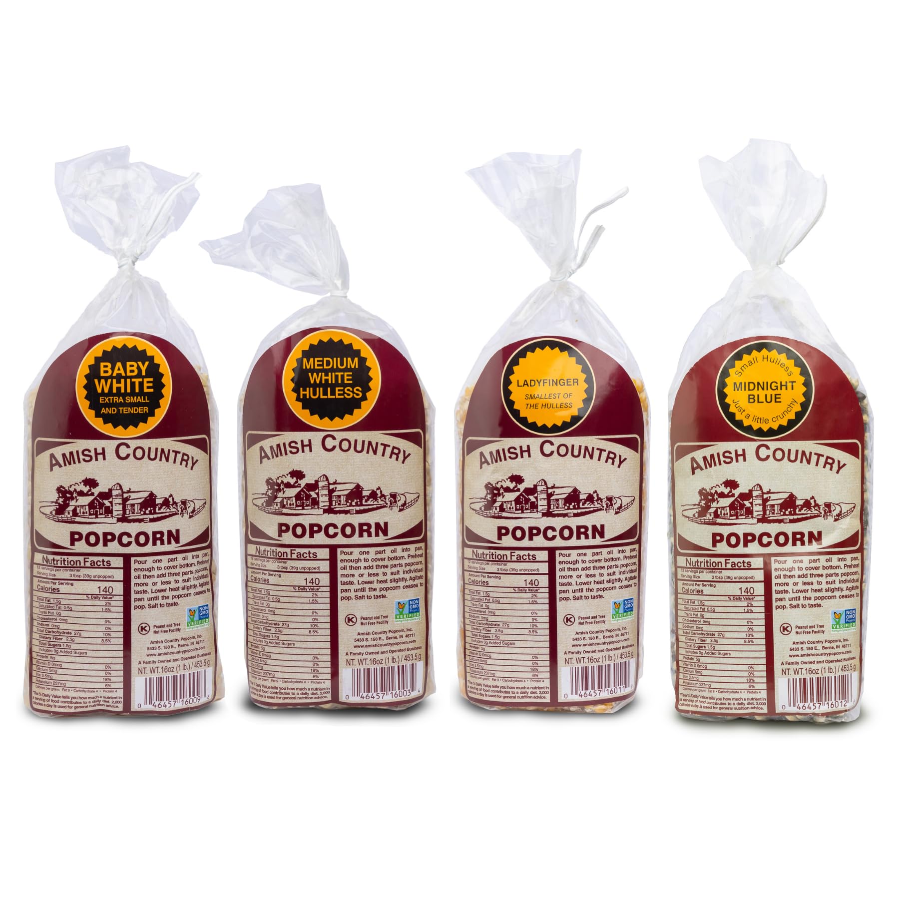 Amish Country Popcorn | 4-1lb Bags | Variety Pack | 1 lb each (Baby White - Medium White - Ladyfinger and Midnight Blue Popcorn Kernels) | Old