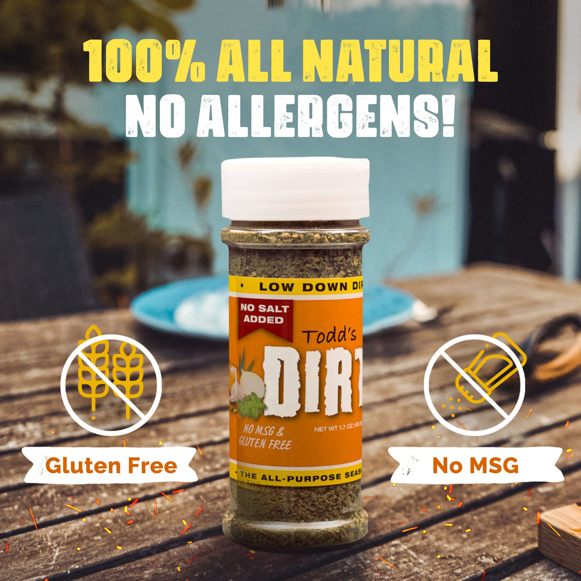 Todd’s DIRT - Low Down DIRT Small Bottle 1.7 oz, NO SALT Gourmet All Purpose Seasoning, Mild Savory Seasoning that’s GREAT ON EVERYTHING,100% All