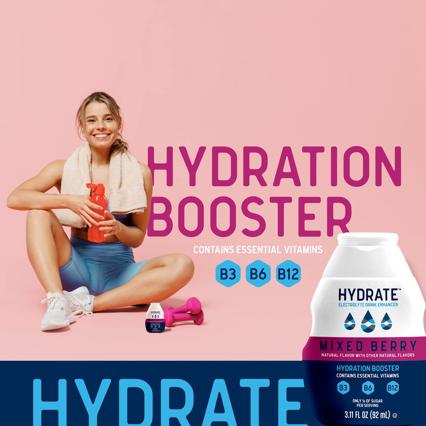 hydrate Electrolyte Liquid Drink Enhancer Drops, Low Sugar, Low Calorie, Natural Flavor Hydration Mix with Essential Vitamins B3 B6 B12 (6.22 Fl Oz