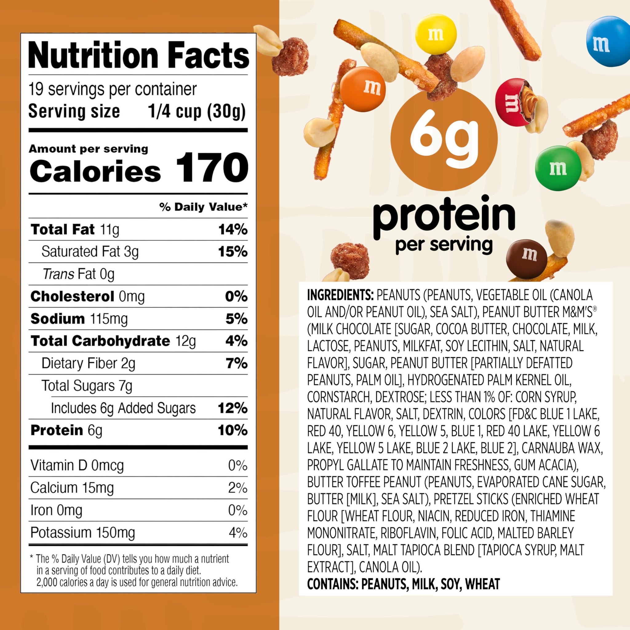 Snak Club Peanut Butter Chocolate Trail Mix with Peanuts, Peanut Butter M&M’S, Toffee Peanuts, and Pretzels, 20 oz Resealable Bag