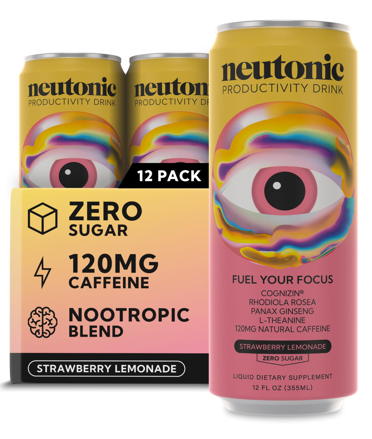 Neutonic Nootropic Productivity Energy Drink | Strawberry Lemonade 12 Cans | 120mg Natural Caffeine, Zero Sugar | Support Memory, Mental Clarity