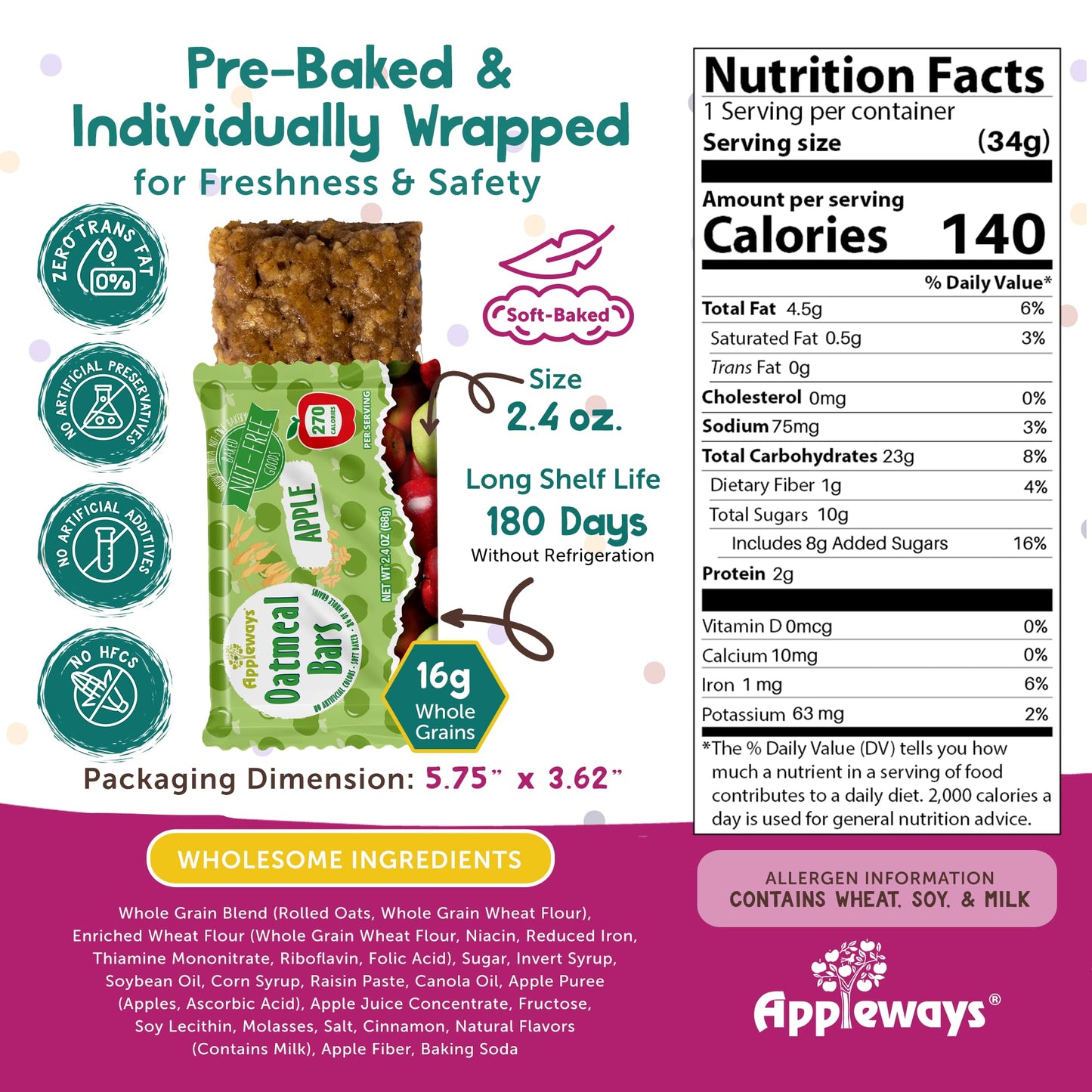 Appleways Apple Oatmeal Bars, 2.4 oz, 160 Count - Individually Wrapped, Whole Grain Soft Baked Oat Snack Bars, Healthy and Nut-Free Breakfast Bar