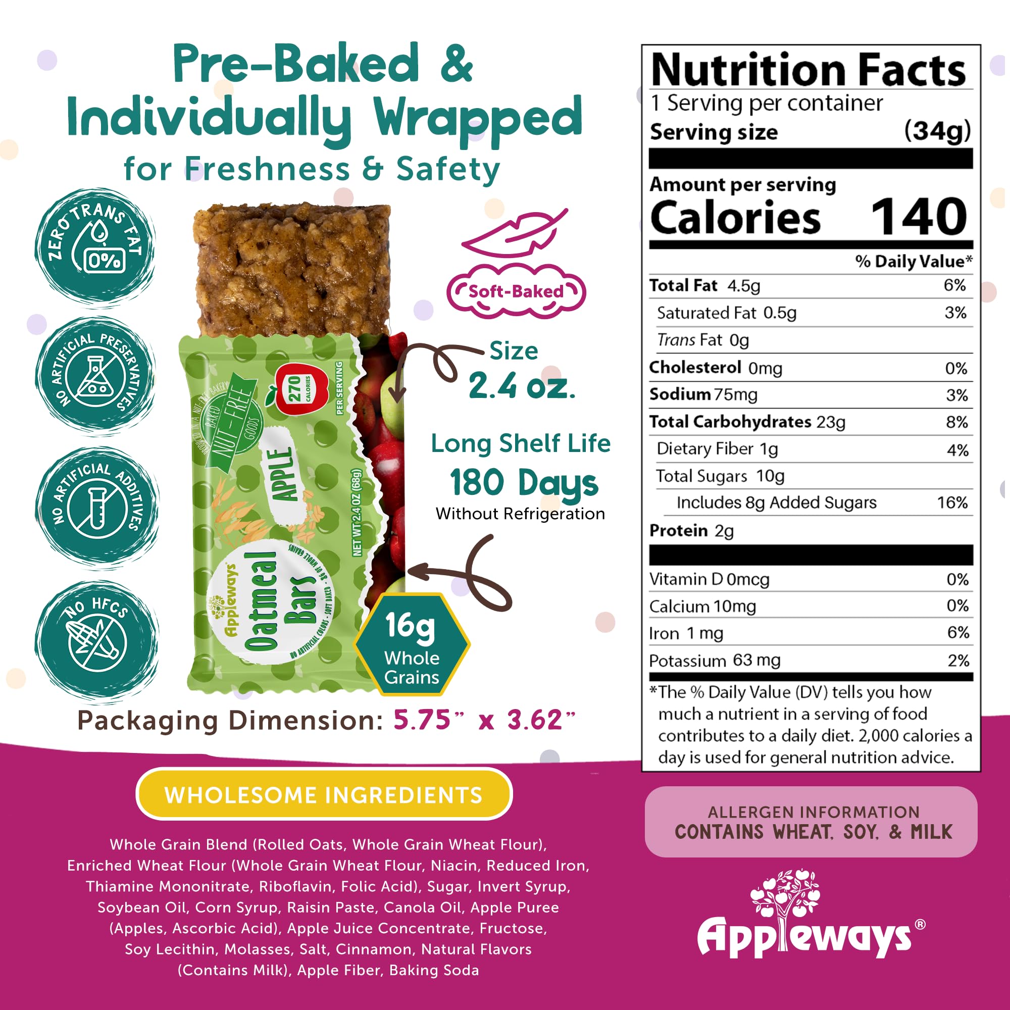 Appleways Apple Oatmeal Bars, 2.4 oz, 160 Count - Individually Wrapped, Whole Grain Soft Baked Oat Snack Bars, Healthy and Nut-Free Breakfast Bar