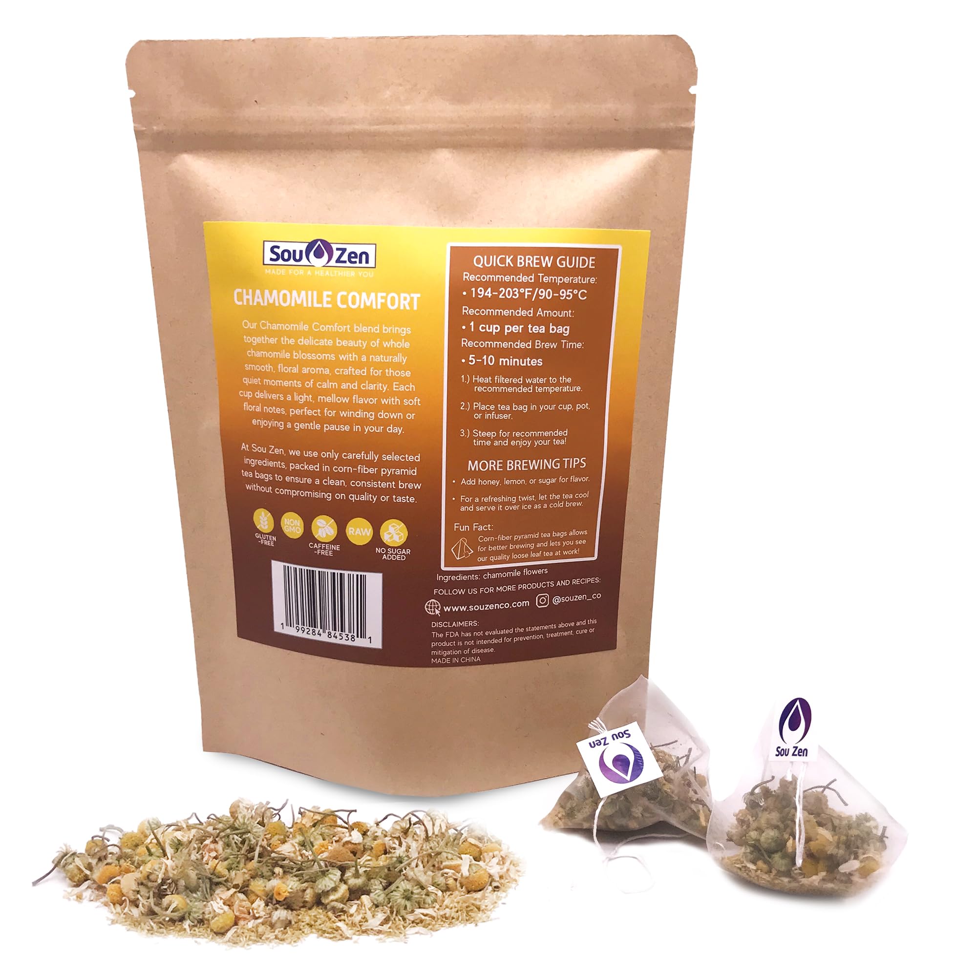 Sou Zen Chamomile Comfort Loose Leaf Chamomile Tea Bags (30 Ct) - Corn Fiber Pyramid Tea Bags, Caffeine-Free Herbal Tea