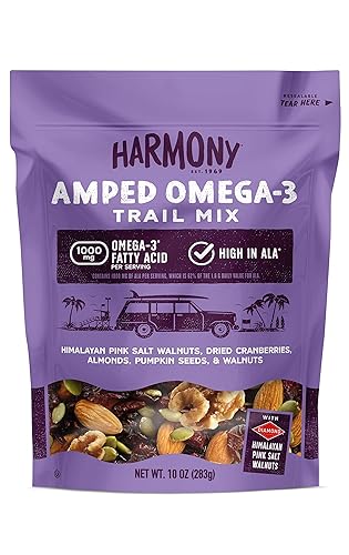 Diamond of California Harmony Amped Omega-3 Trail Mix with Mixed Nuts, Dried Fruit, Diamond of California Himalayan Pink Salt Walnuts, and Seeds, 10