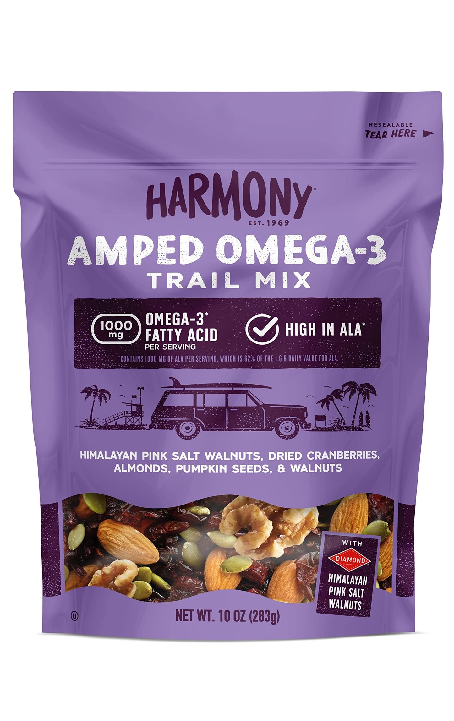 Diamond of California Harmony Amped Omega-3 Trail Mix with Mixed Nuts, Dried Fruit, Diamond of California Himalayan Pink Salt Walnuts, and Seeds, 10