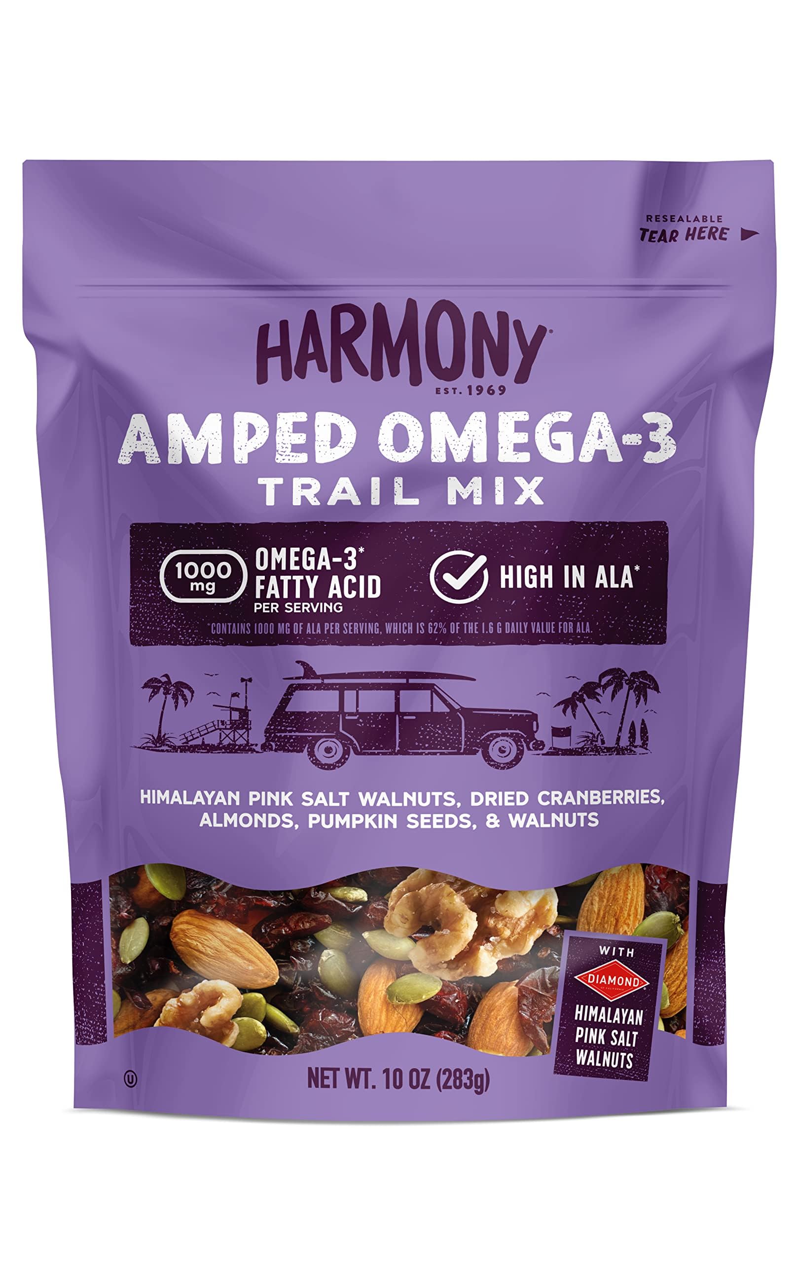 Diamond of California Harmony Amped Omega-3 Trail Mix with Mixed Nuts, Dried Fruit, Diamond of California Himalayan Pink Salt Walnuts, and Seeds, 10