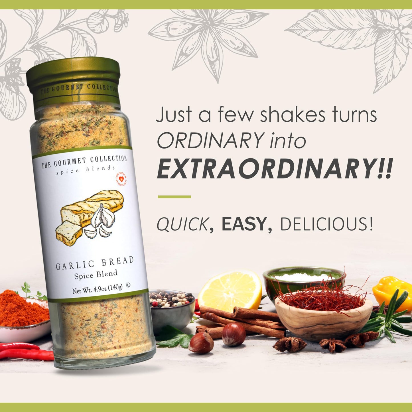 The Gourmet Collection Spice Blends Garlic Bread Spice Blend - Garlic Butter Seasoning for Cooking - Salt Free - Bread, Rice, Salad Dressing.