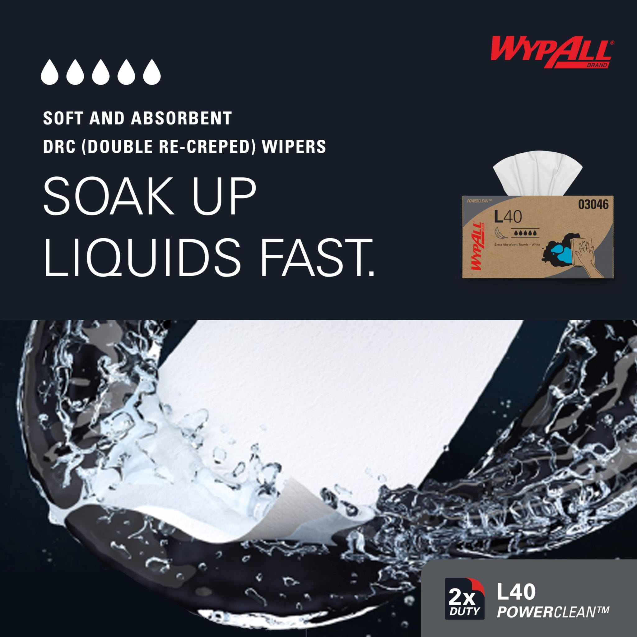 WypAll PowerClean L40 Cloths Extra Absorbent Wipes (03046), Pop-Up Box, Bulk Paper Wipers, White (9 Packs of 90 Sheets, 810 Sheet Total)