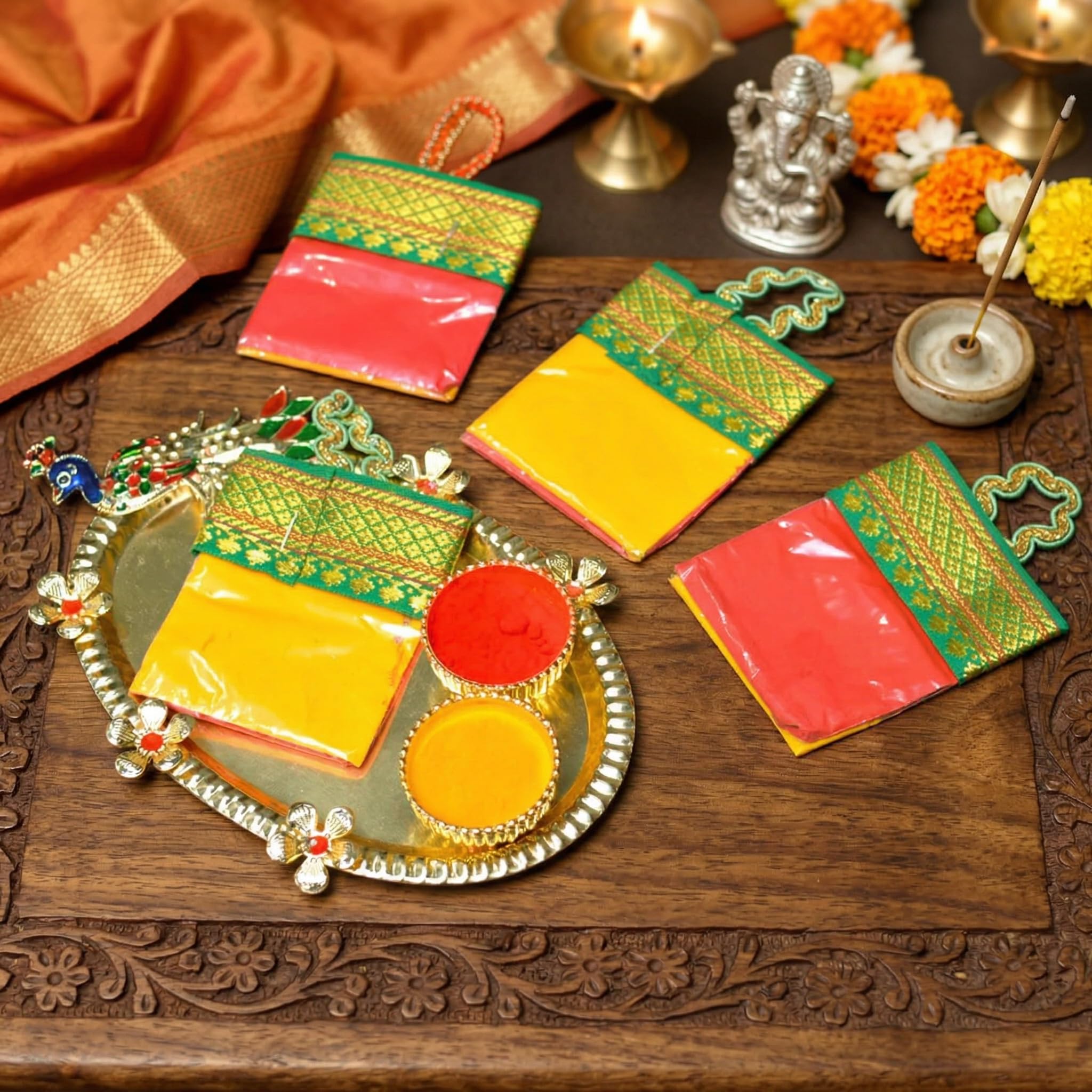 LoveNspire Handbag Style Mini Haldi Kumkum Packets for Pooja Thali - Decorative Sindoor & Turmeric Powder Combo for Wedding & Housewarming Favors