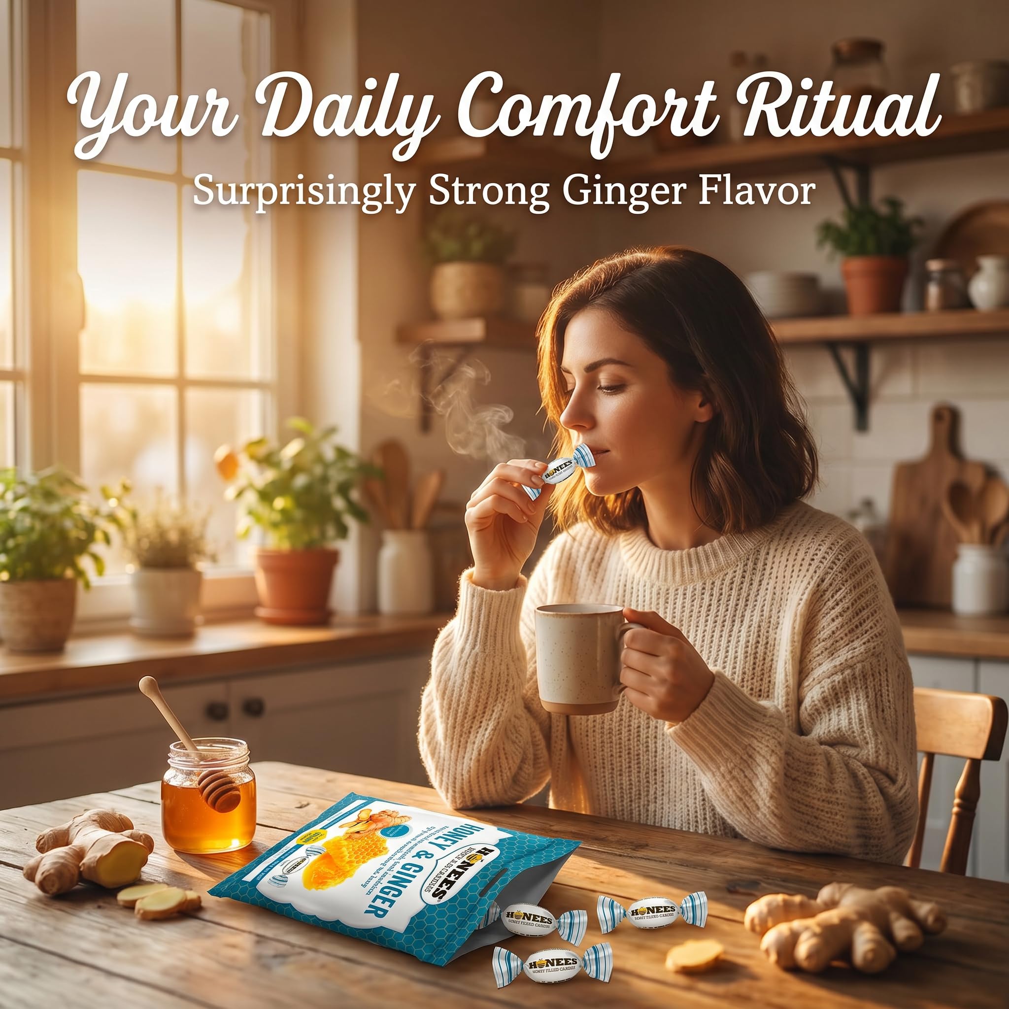 Honees Candy Honey & Ginger 2.85 oz (Pack of 1) - Honey lemon cough drops - candy with ginger - Soothing throat lozenges for adults - 2 items
