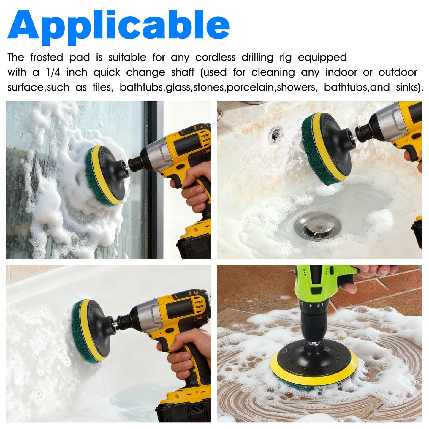 4-Inch Scrub Drill Brush Power Scouring Pads Household Cleaning Set 4 Red Pads 4 Green Pads 1 Drill Attachment and 1 Universal Shaft for Kitchen
