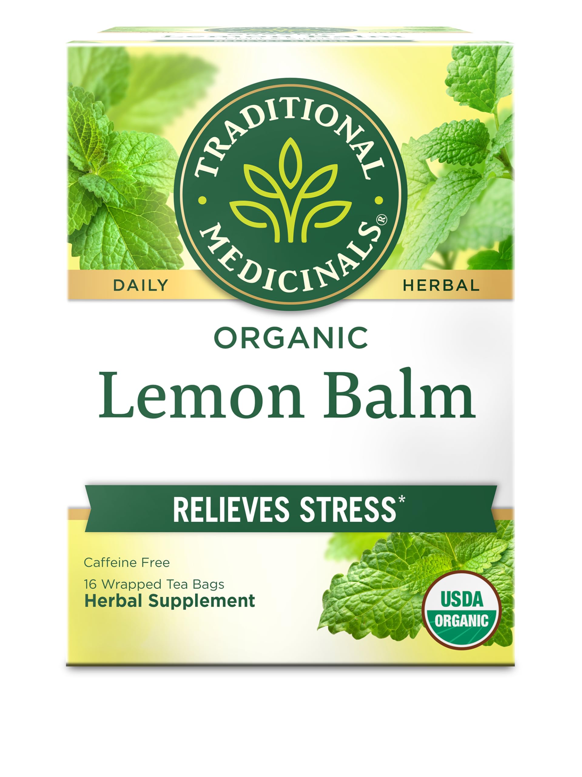 Traditional Medicinals Organic, Lemon Balm - Supports Stress Relief & Digestive Health - Kosher, Non-GMO, Caffeine-Free, Compostable - 16 Tea Bags