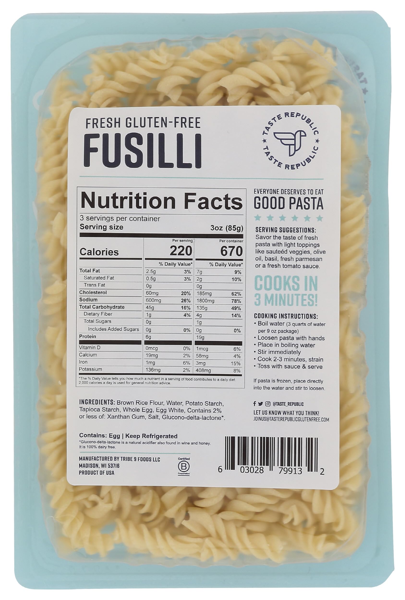Gluten-Free Pasta, Fusilli, Fresh Brown Rice Pasta Cooks in Just 3 Minutes by Taste Republic, 9oz