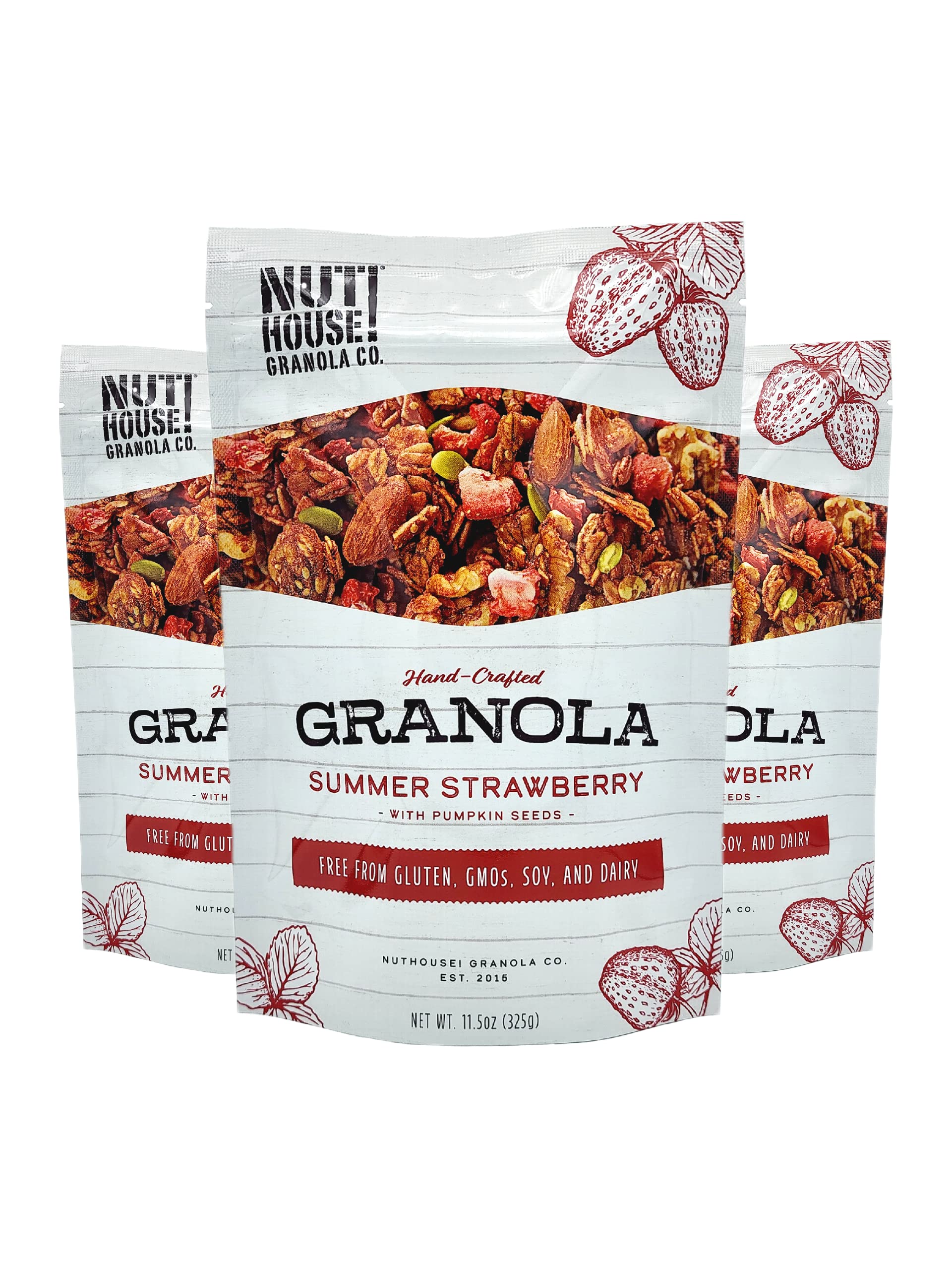 NutHouse! Granola Company - Premium Summer Strawberry Granola | Certified Gluten-Free, Non-GMO, Kosher | Vegan, Soy-Free | 11.5 oz. Bag (3-Pack)
