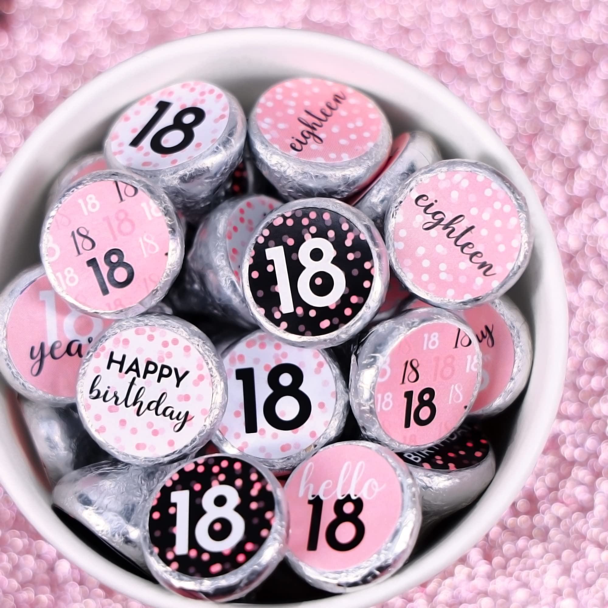 Pink, Black, and White 18th Birthday Party Favor Chocolate Kisses Candy Stickers - 180 Count, 18th Birthday Decorations for Girls Pink