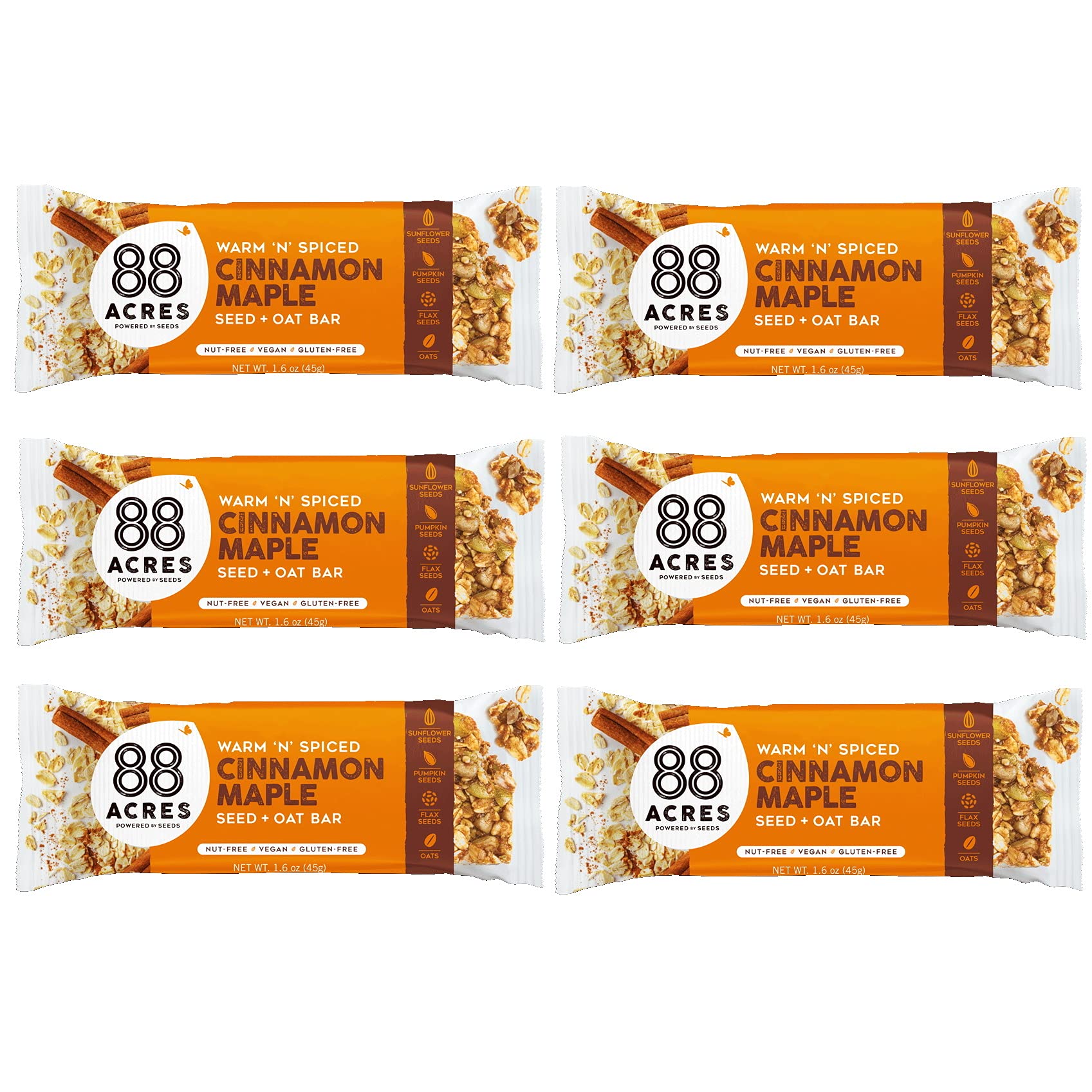88 Acres Granola Bars, Cinnamon Maple, 6 Count, School Safe, Allergen Free Seed & Oat Snack Bar, Gluten & Nut Free, Vegan, Non-GMO & Kosher