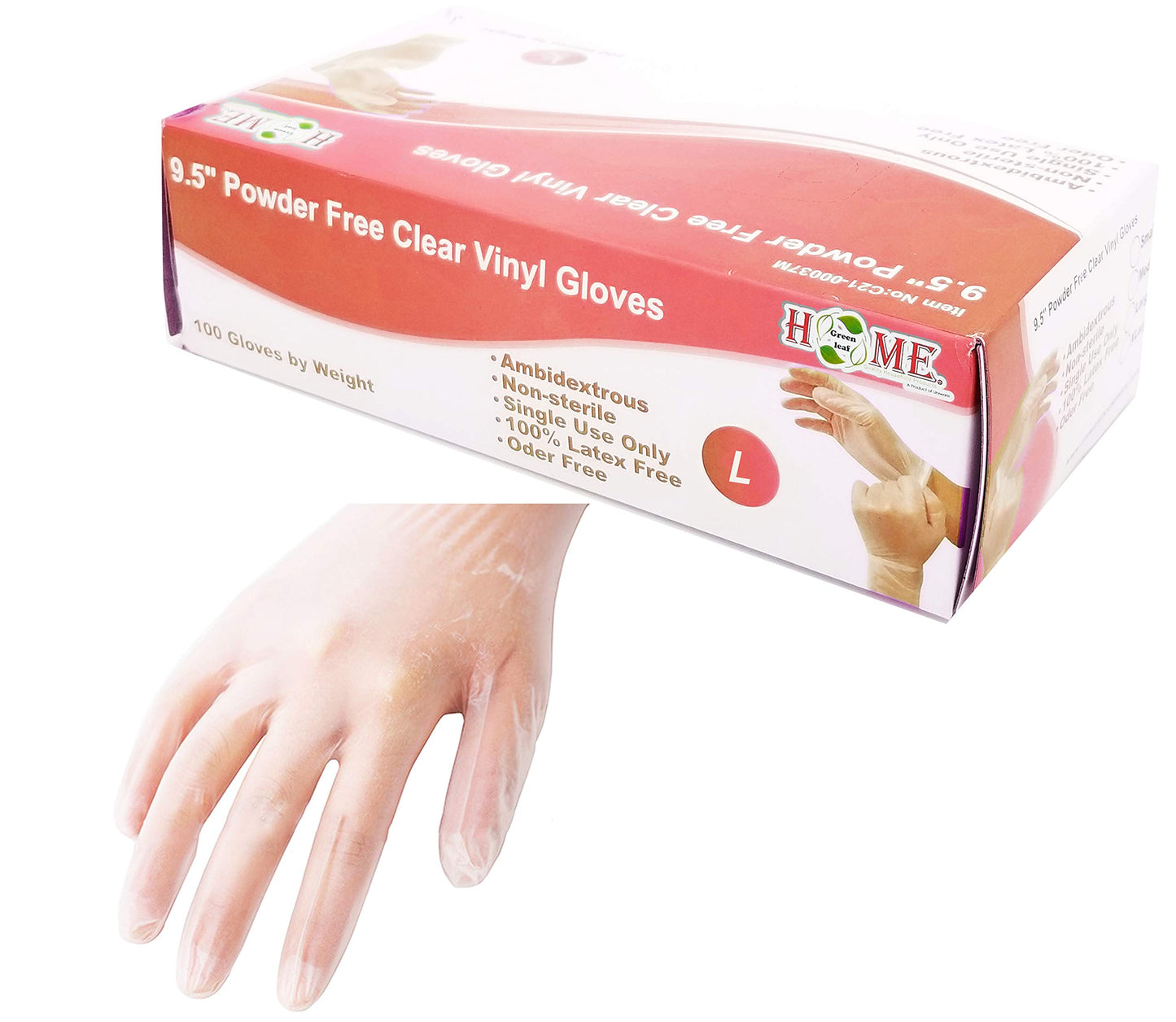 Uniware 100 pc 9.5" Single-Use Powder Free Clear Vinyl Gloves, Disposable Gloves, Ambidextrous, Non-Sterile, Latex & Odor Free (Large)