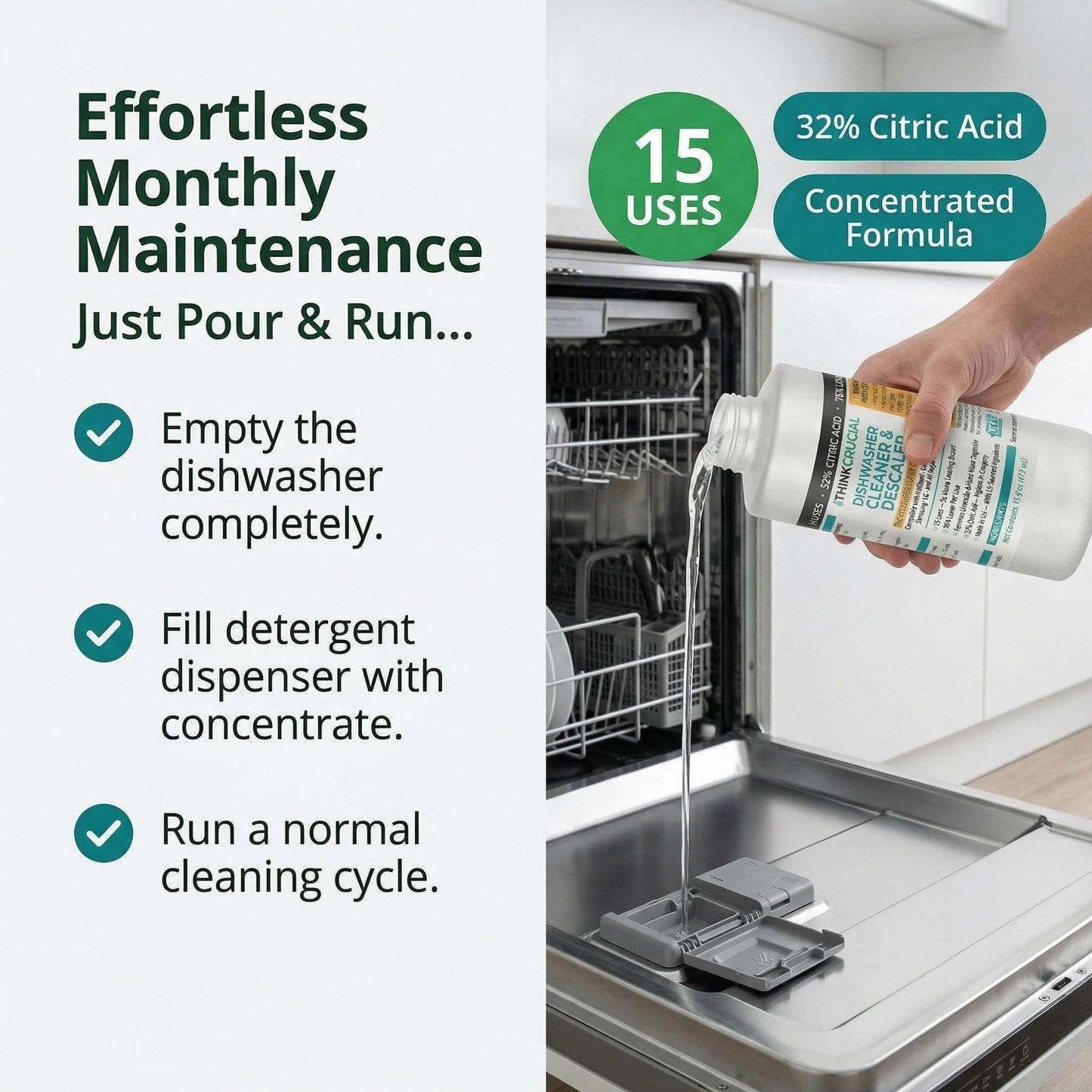 Think Crucial Dishwasher Cleaner & Descaler, 15 Uses, 75% Savings Per Use - 32% Citric Acid Liquid Concentrate - Whirlpool, Bosch, KitchenAid