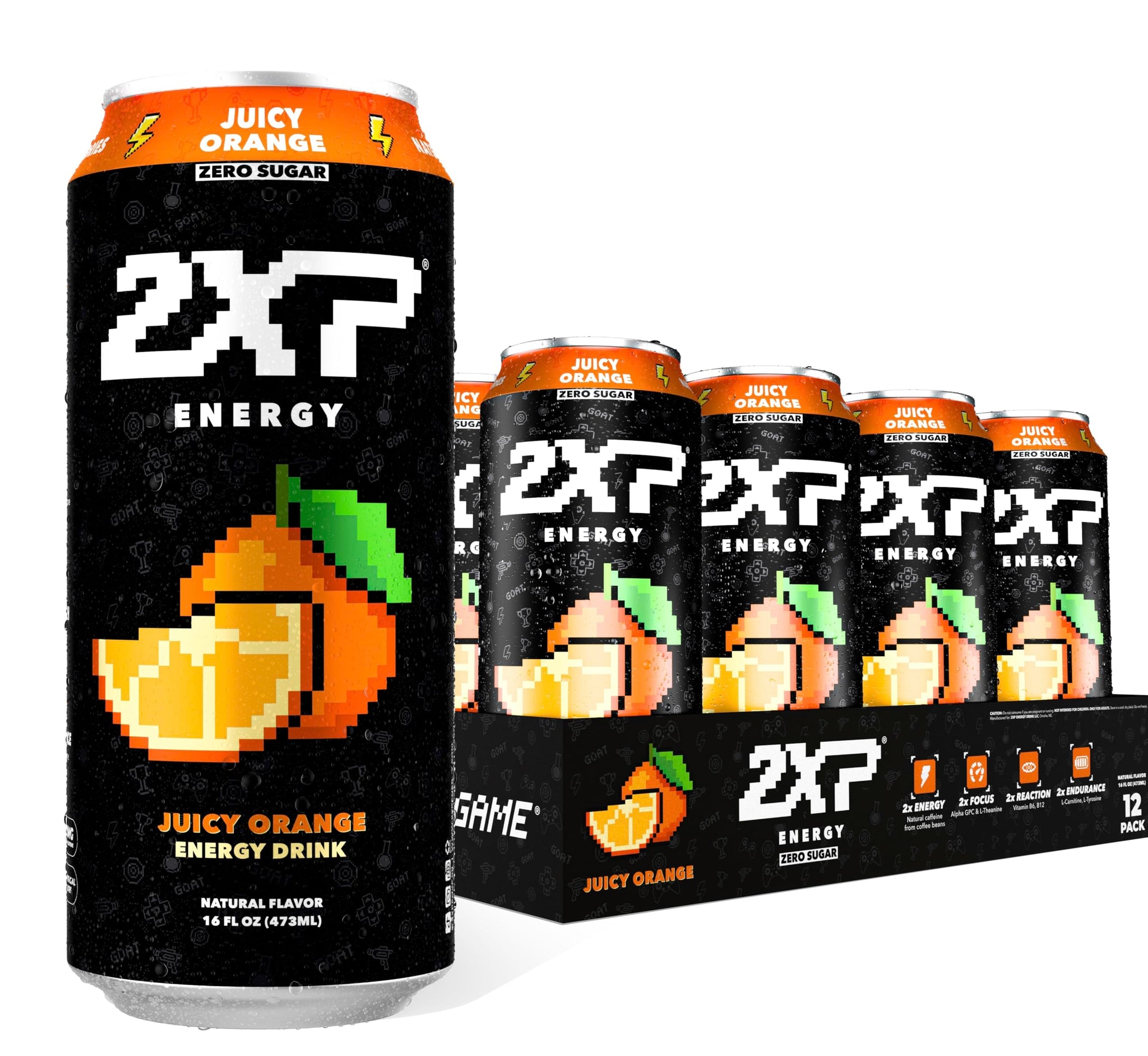 2XP Energy Drink | 2x Energy & Endurance | Alpha -GPC, L-Tyrosine, 200mg Natural Caffeine | 0 Sugar or Artificial Colors | 16oz, 12-Pack (Juicy