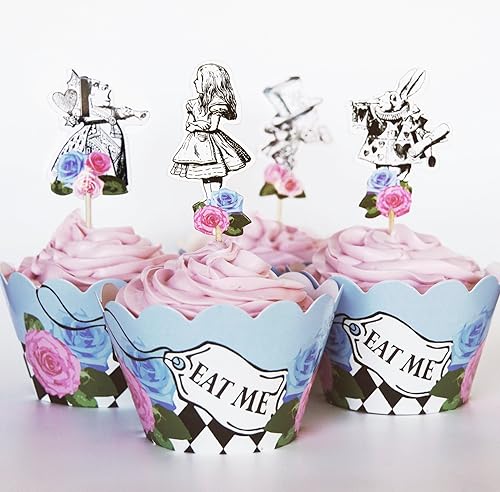 24 Vintage Alice in Wonderland Cupcake Toppers and Wrappers Set - Whimsical Party Picks and wraps for Tea Parties, Birthdays, and Baby Showers by Red
