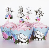 24 Vintage Alice in Wonderland Cupcake Toppers and Wrappers Set - Whimsical Party Picks and wraps for Tea Parties, Birthdays, and Baby Showers by Red
