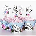 24 Vintage Alice in Wonderland Cupcake Toppers and Wrappers Set - Whimsical Party Picks and wraps for Tea Parties, Birthdays, and Baby Showers by Red