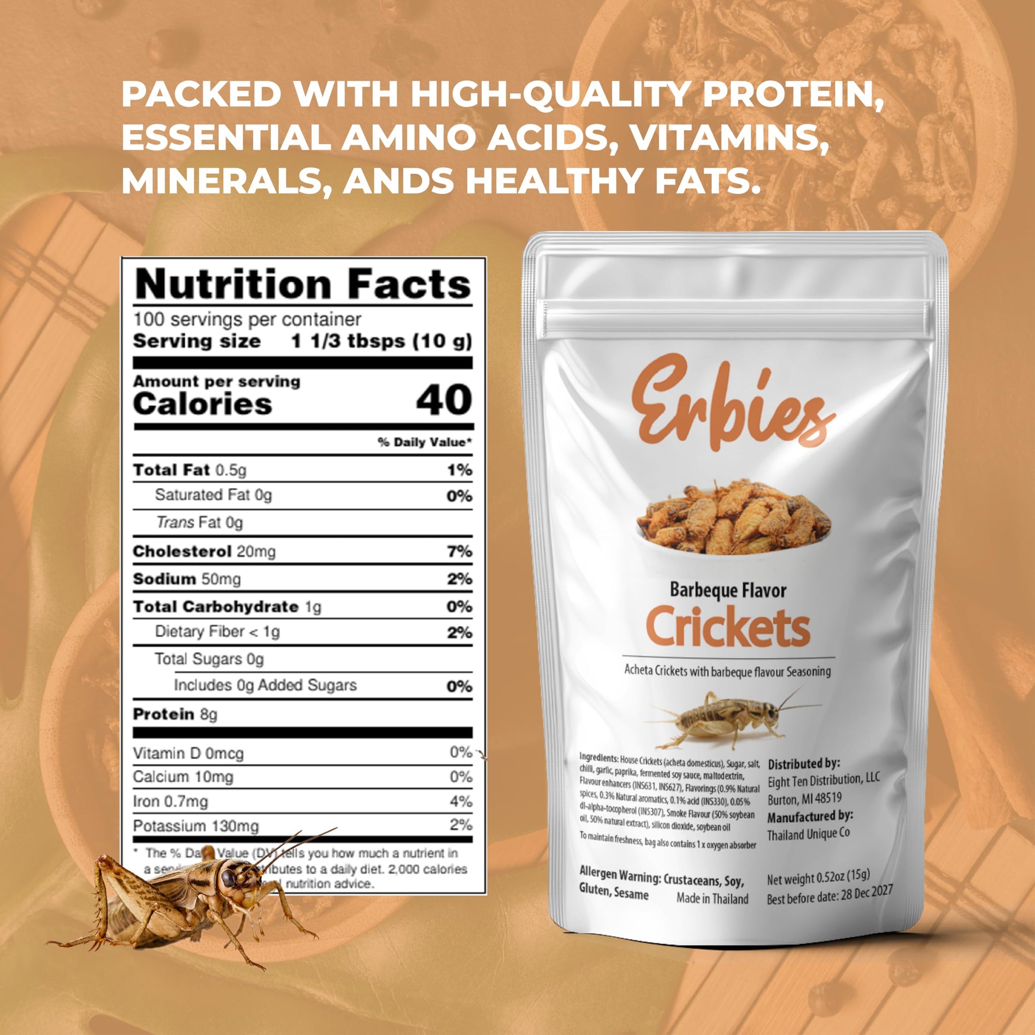 Erbies Edible Crickets for Humans, Exotic Food Bug Snacks & High Protein Edible Cricket Snacks for Humans, Barbecue Flavor 15g Bag
