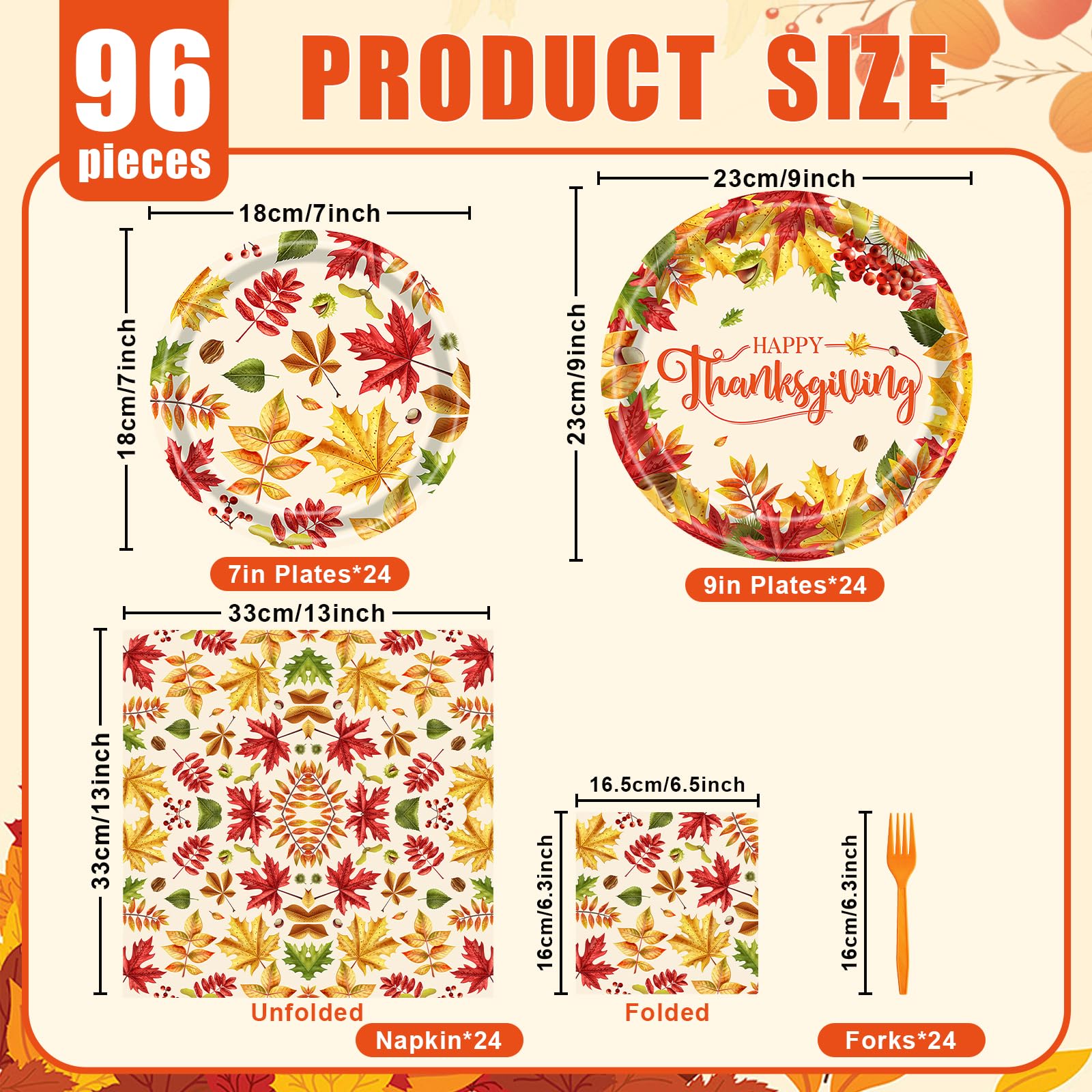 96 Pieces Fall Leaves Thanksgiving Tableware Set - Autumn-Themed Disposable Party Supplies with Paper Plates, Napkins, and Forks for Thanksgiving