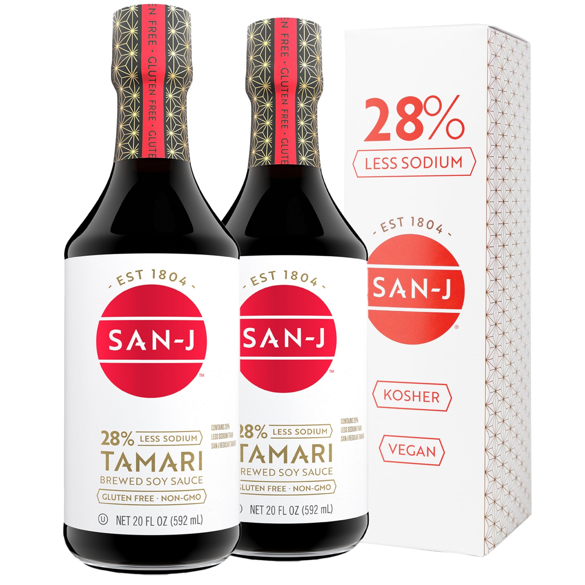 San-J - Gluten Free Tamari Soy Sauce with 28% Less Sodium - Specially Brewed - Made with 100% Soy - 20 oz. Bottles - 2 Pack
