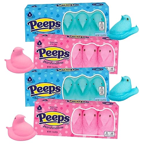 Pink and Blue Peeps Marshmallow Chicks, Classic Easter Basket Stuffers, Gender Reveal Themed Candy or Dessert Toppers, 5 in Each (Pack of 4)