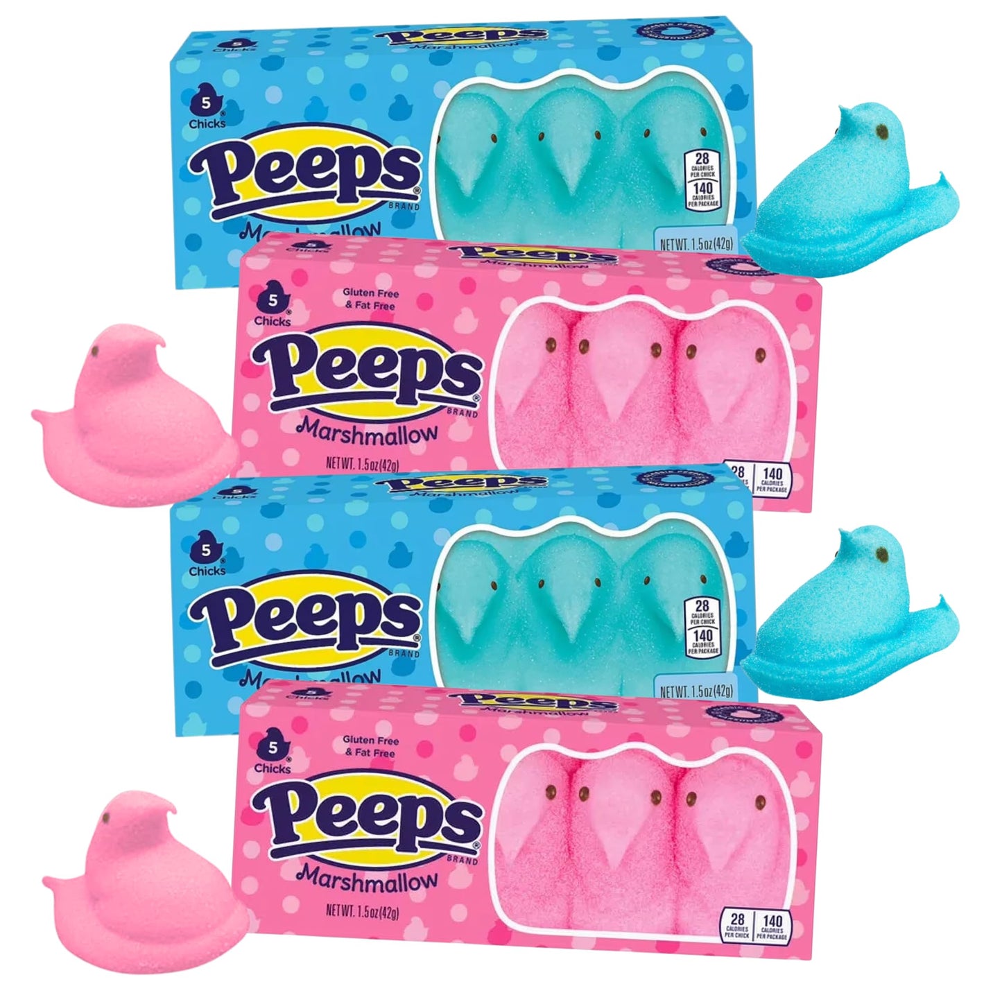 Pink and Blue Peeps Marshmallow Chicks, Classic Easter Basket Stuffers, Gender Reveal Themed Candy or Dessert Toppers, 5 in Each (Pack of 4)