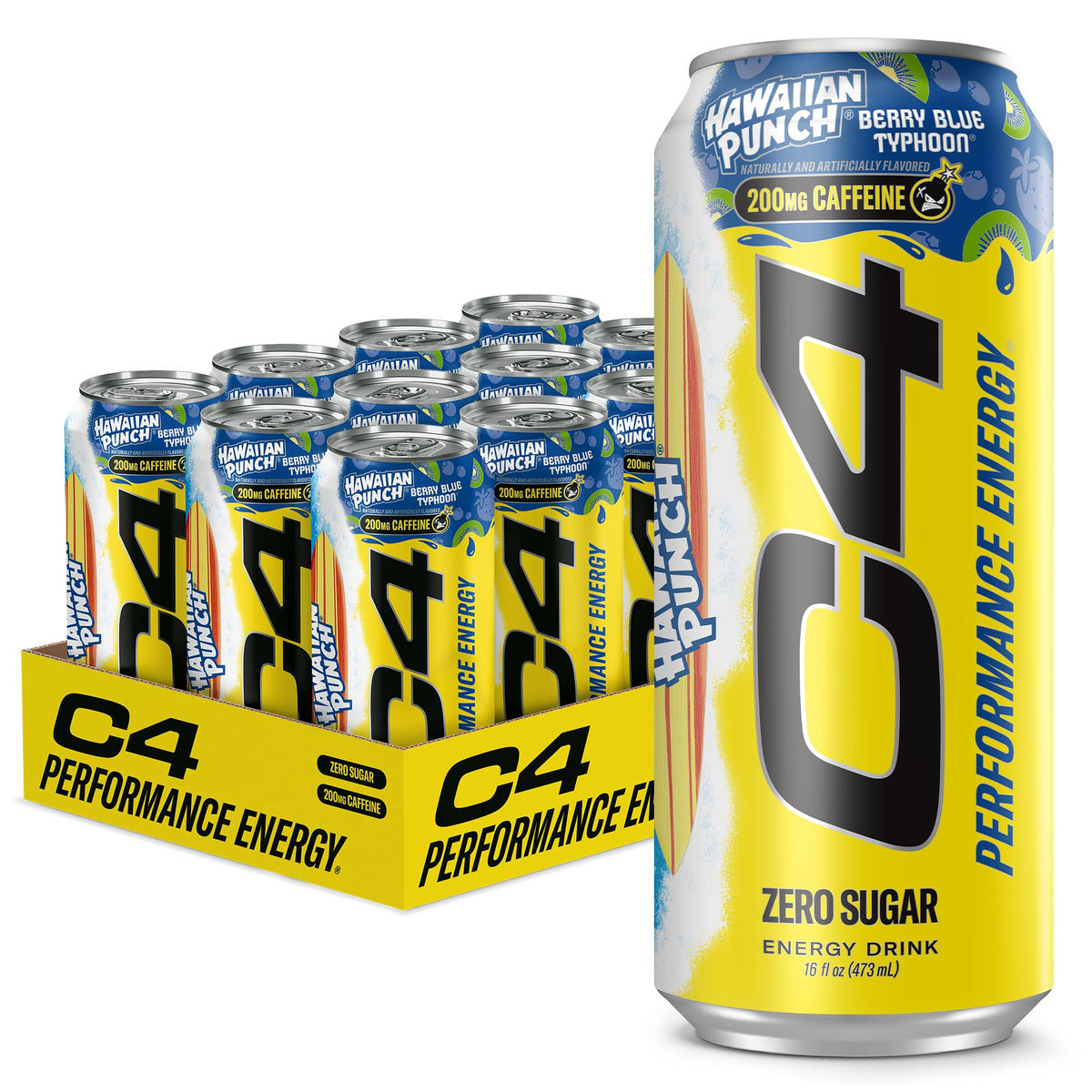 C4 Performance Energy Drink with Zero Sugar, Berry Blue Typhoon, 12pk