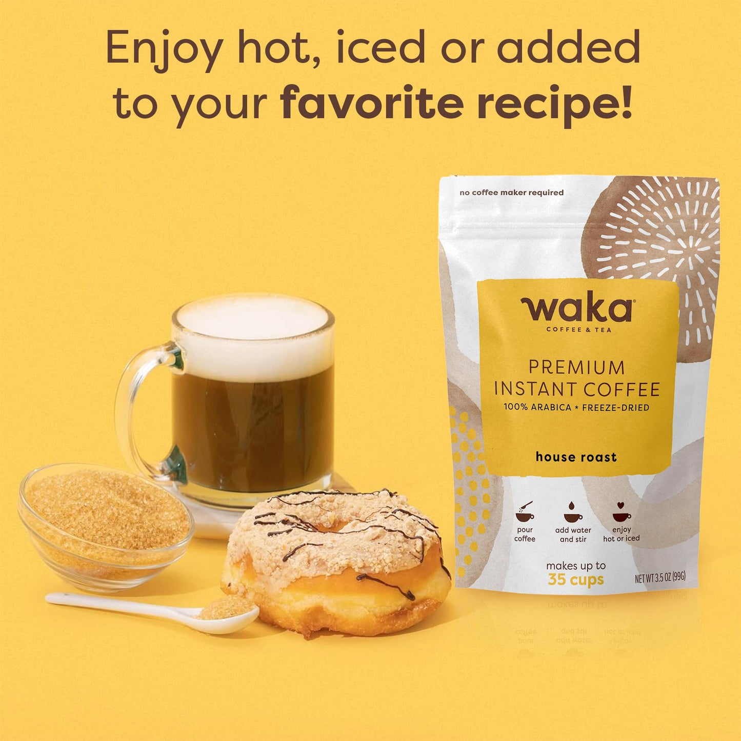 Waka Premium Instant Coffee Pouch - 100% Arabica Freeze Dried Beans - For Hot or Iced Coffee (3.5 Ounces, House Roast)