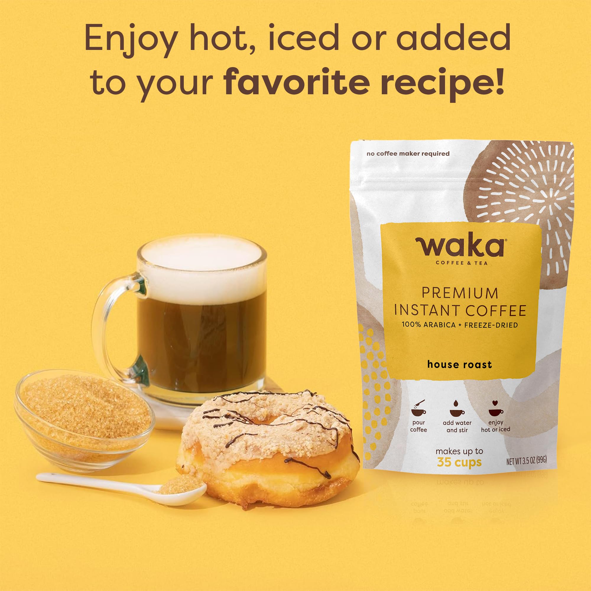 Waka Premium Instant Coffee Pouch - 100% Arabica Freeze Dried Beans - For Hot or Iced Coffee (3.5 Ounces, House Roast)