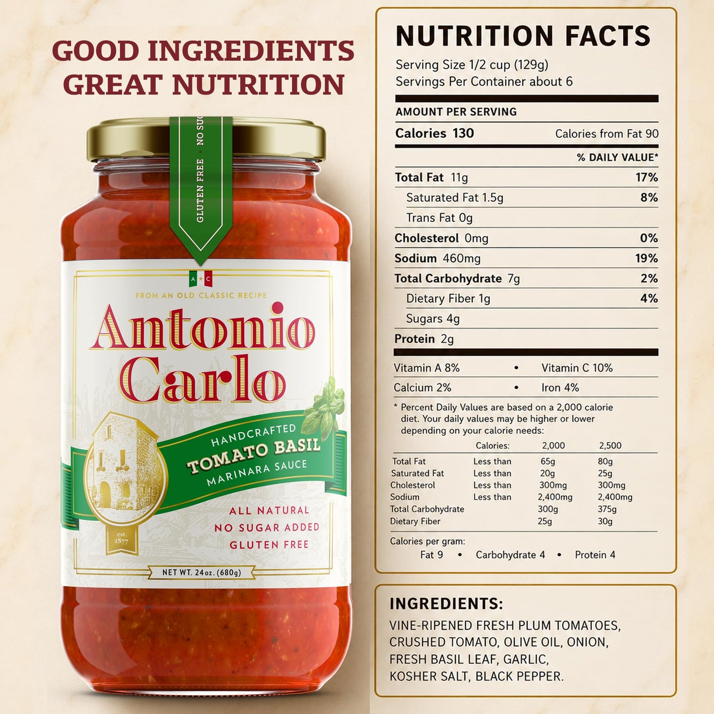 NEW! Antonio Carlo Authentic Italian (3 Generations) Handmade Gourmet Marinara Sauce - FRESH, No Preservatives, Vegan Marinara Spaghetti & Pasta Sauce