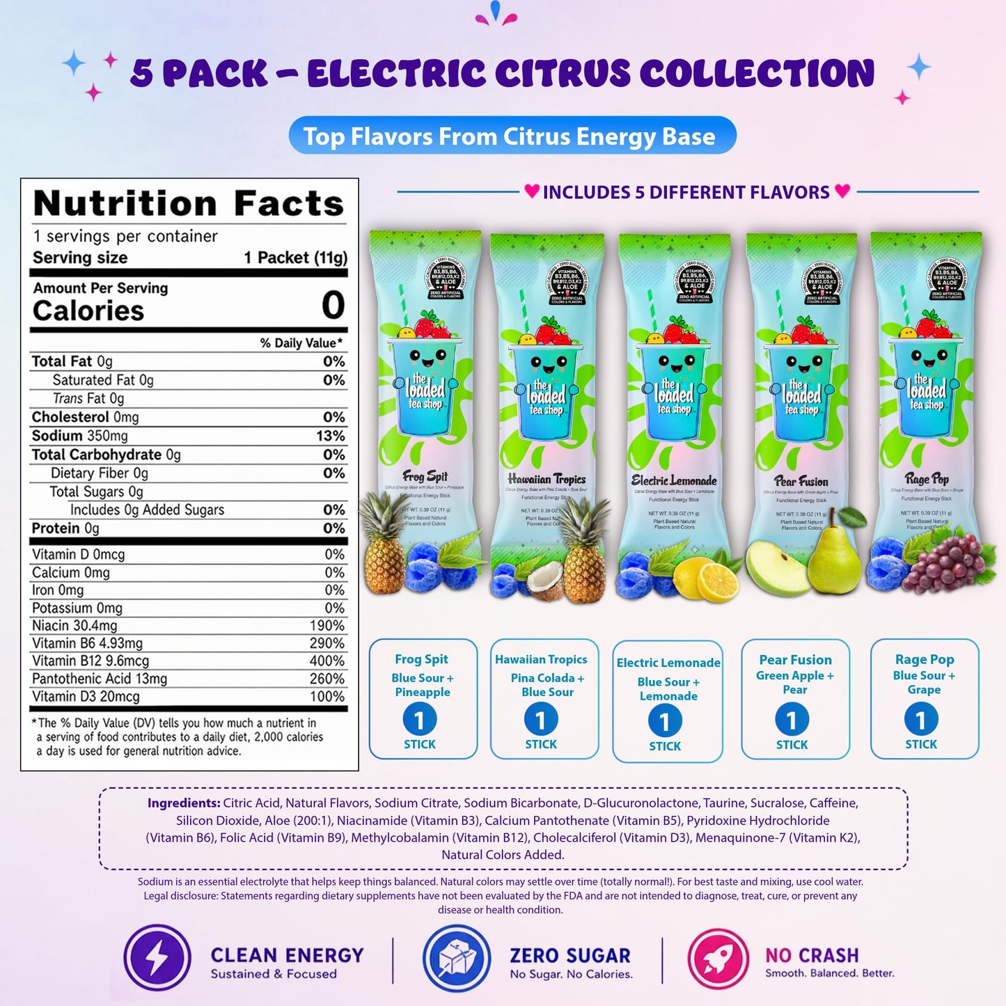 The Loaded Tea Shop Energy Drink Mix Sticks, Electric Citrus Collection 5 Pack, Sugar-Free, Zero Calories, 200mg Natural Caffeine, No Artificial