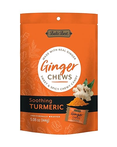 Bali's Best Ginger Chews, Soothing Turmeric Flavor, 5.08 Oz, Individually Wrapped Soft Candy, Made with 100% Real Ginger, Digestive Health Support
