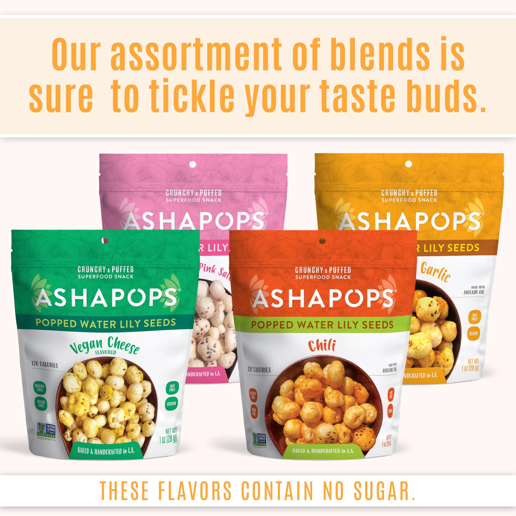 AshaPops Variety Pack Popped Water Lily Seeds - Gluten Free | Vegan | Paleo | Kosher OU| Soy Free | 1 oz | (Pack of 4 Bags)