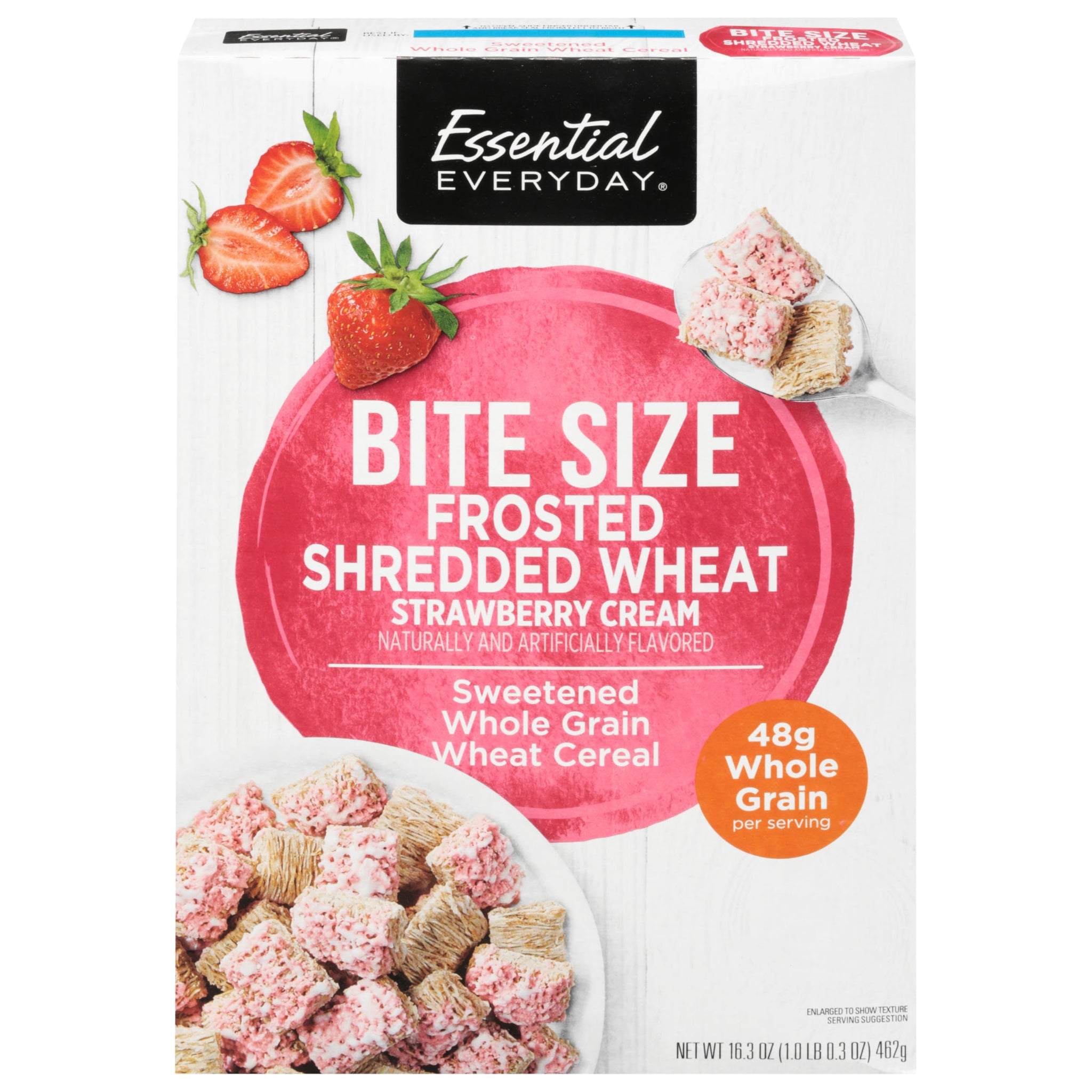 Essential Everyday, Strawberry Cream Frosted Shredded Wheat Bite Size Cereal, 16.3 Ounce