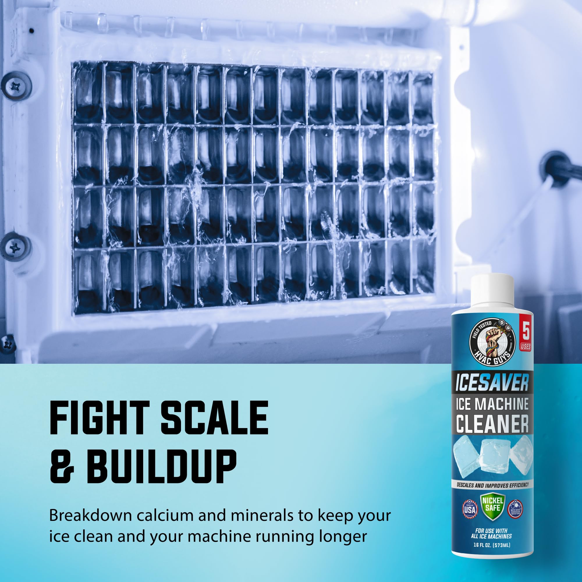HVAC Guys Ice Machine Cleaner and Descaler 16oz (5 Uses) Removes Scale and Mineral Buildup for Clean, Fresh-Tasting Ice, Nickel and Tin Safe, Made in