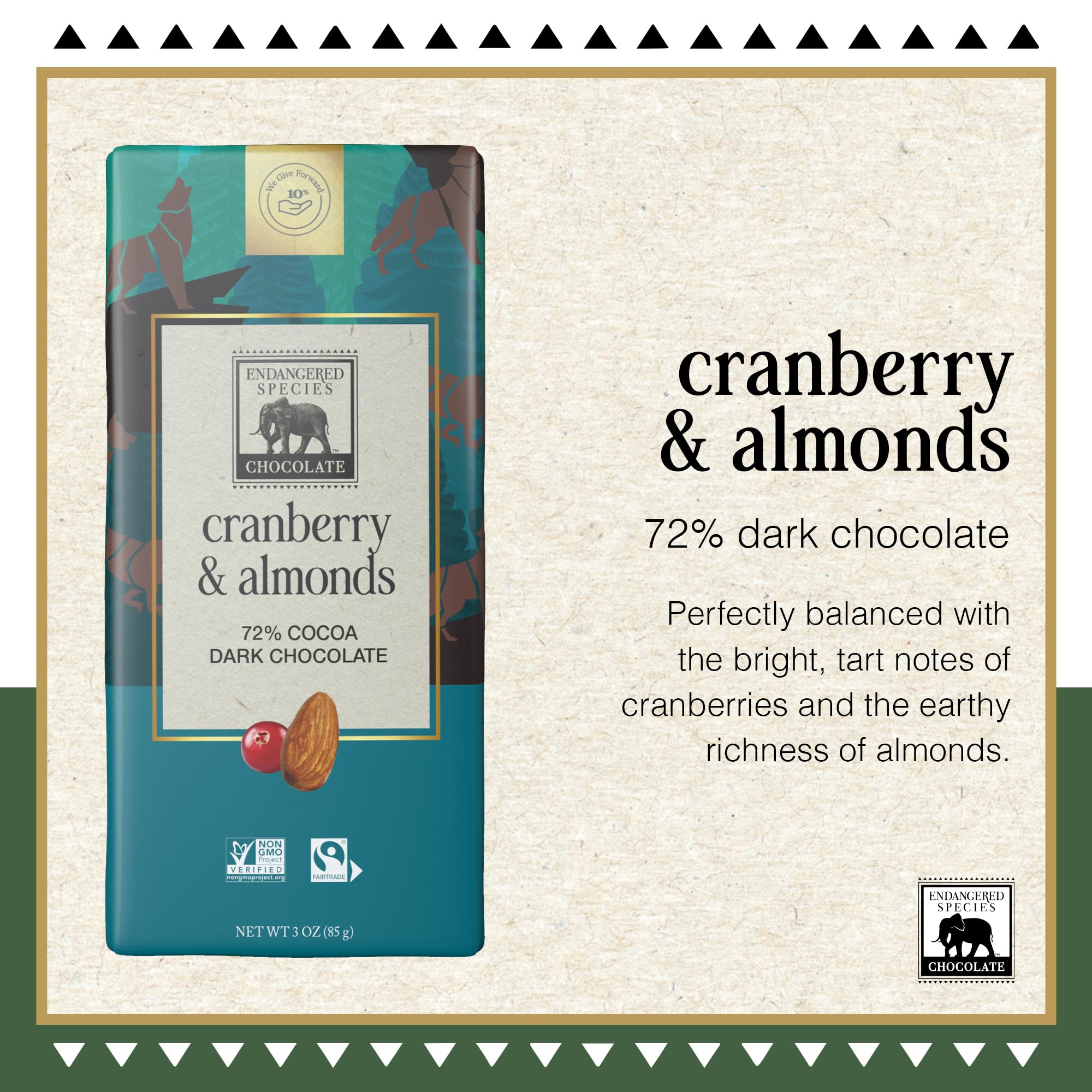 Endangered Species Dark Chocolate Bar w/Cranberries & Almonds (72% cocoa)