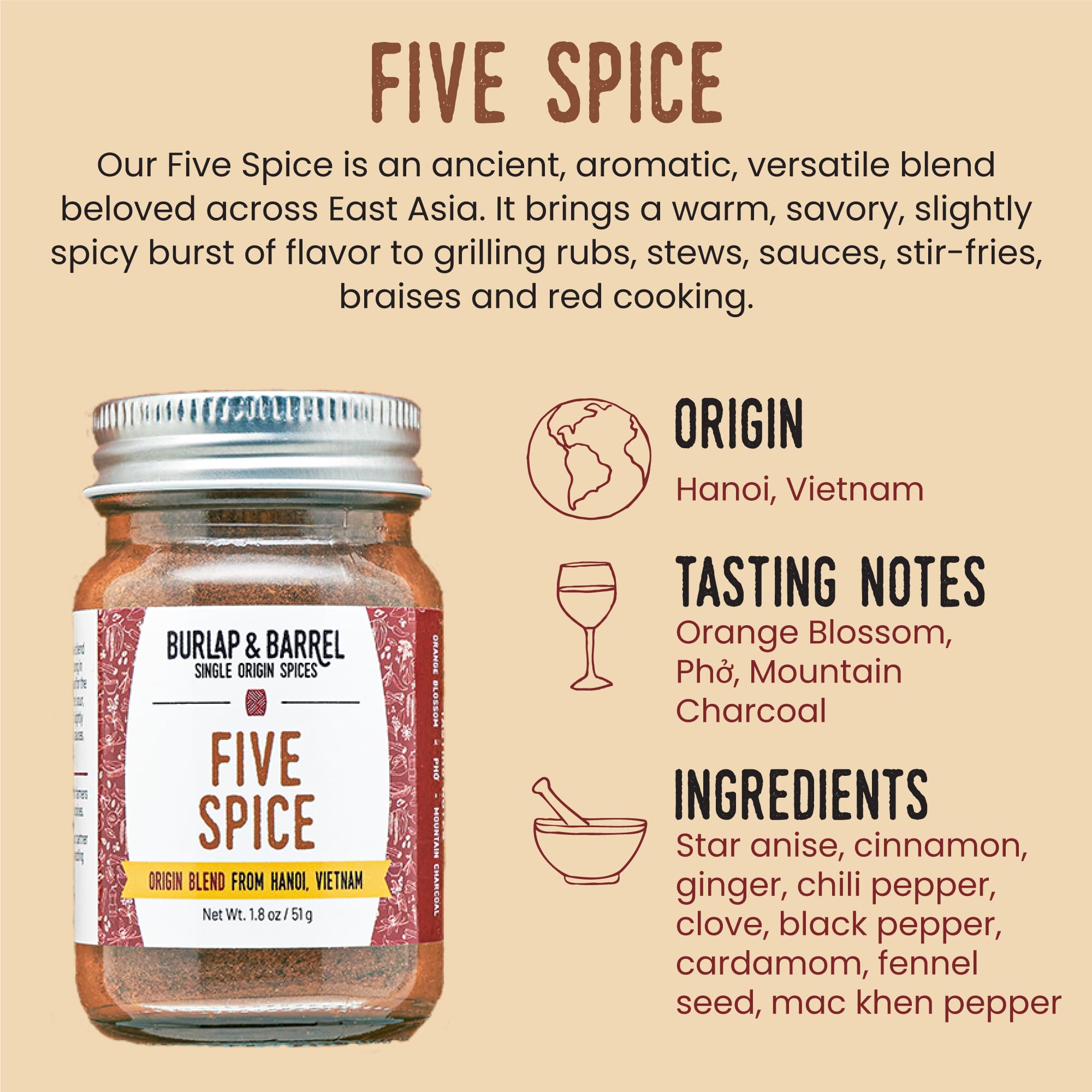 Burlap & Barrel Five Spice - Warm, Slightly Spicy, Aromatic Vietnamese Five Spice - As Seen on Shark Tank - 1.8oz Glass Jar