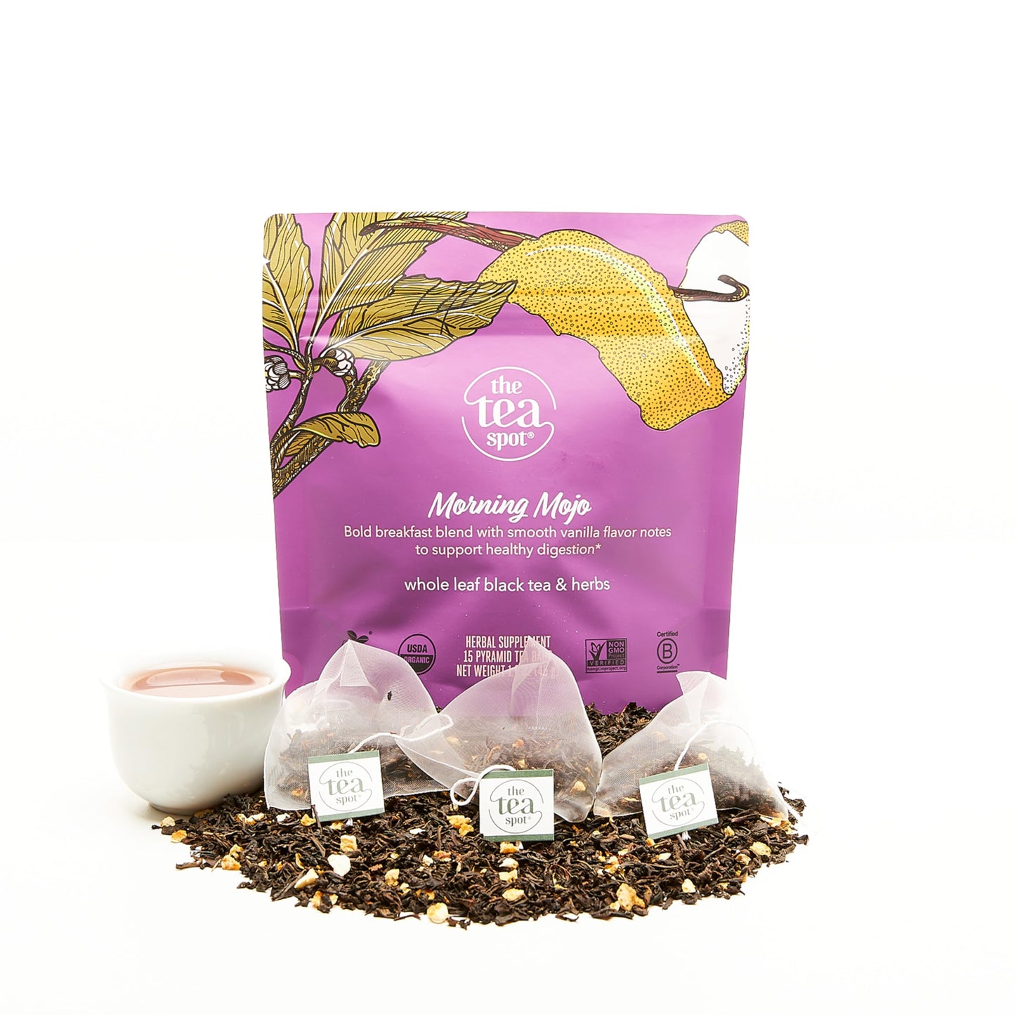 The Tea Spot Organic Morning Mojo Black Tea with Vanilla and Citrus for Energy | Breakfast Blend of Pu'erh Tea, Black Tea, Orange Peel and Vanilla