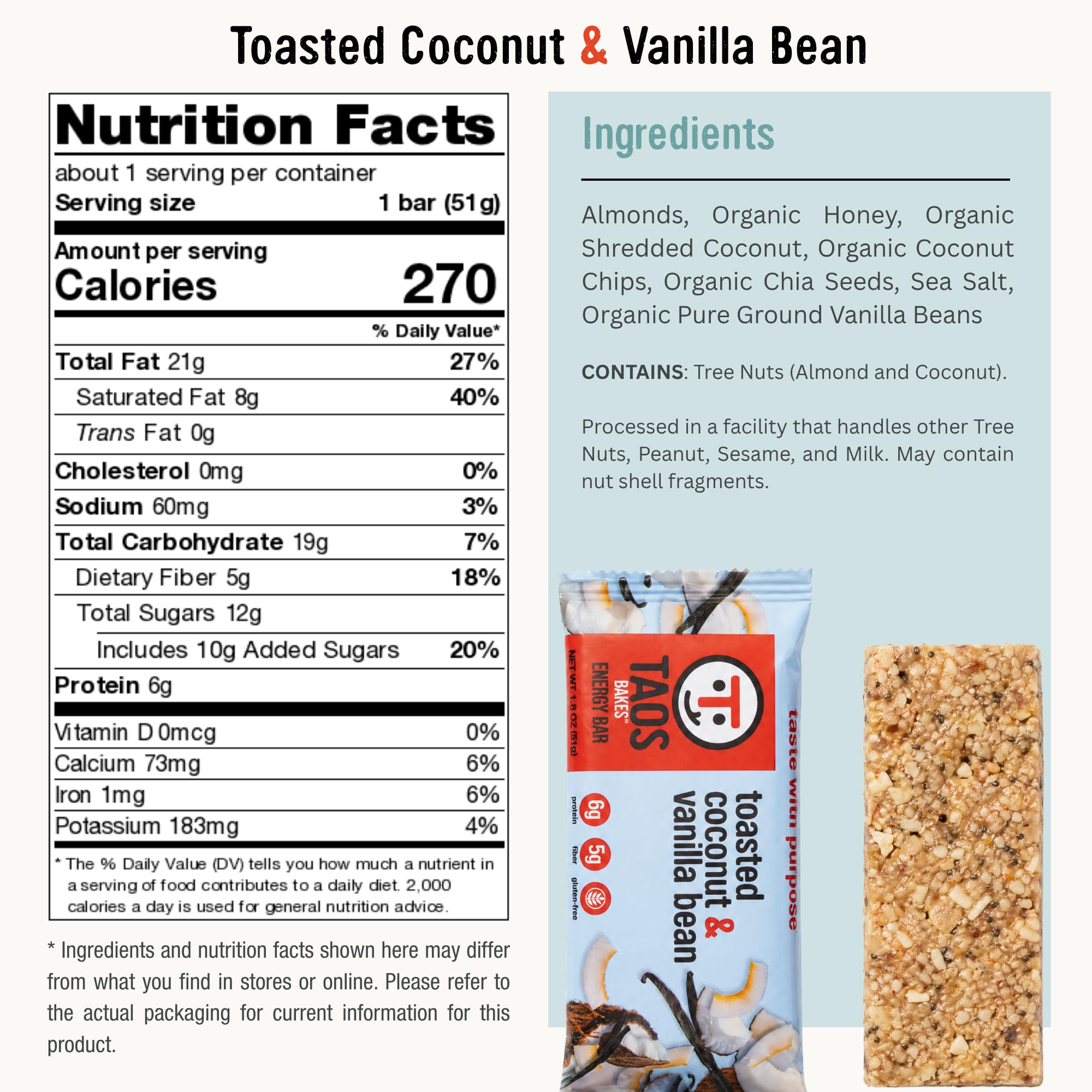 Taos Bakes - Toasted Coconut + Vanilla Bean - Snack Bars - 6g Fiber & Gluten-Free Granola Bars - Healthy Snack for Adults - Filled with Almonds