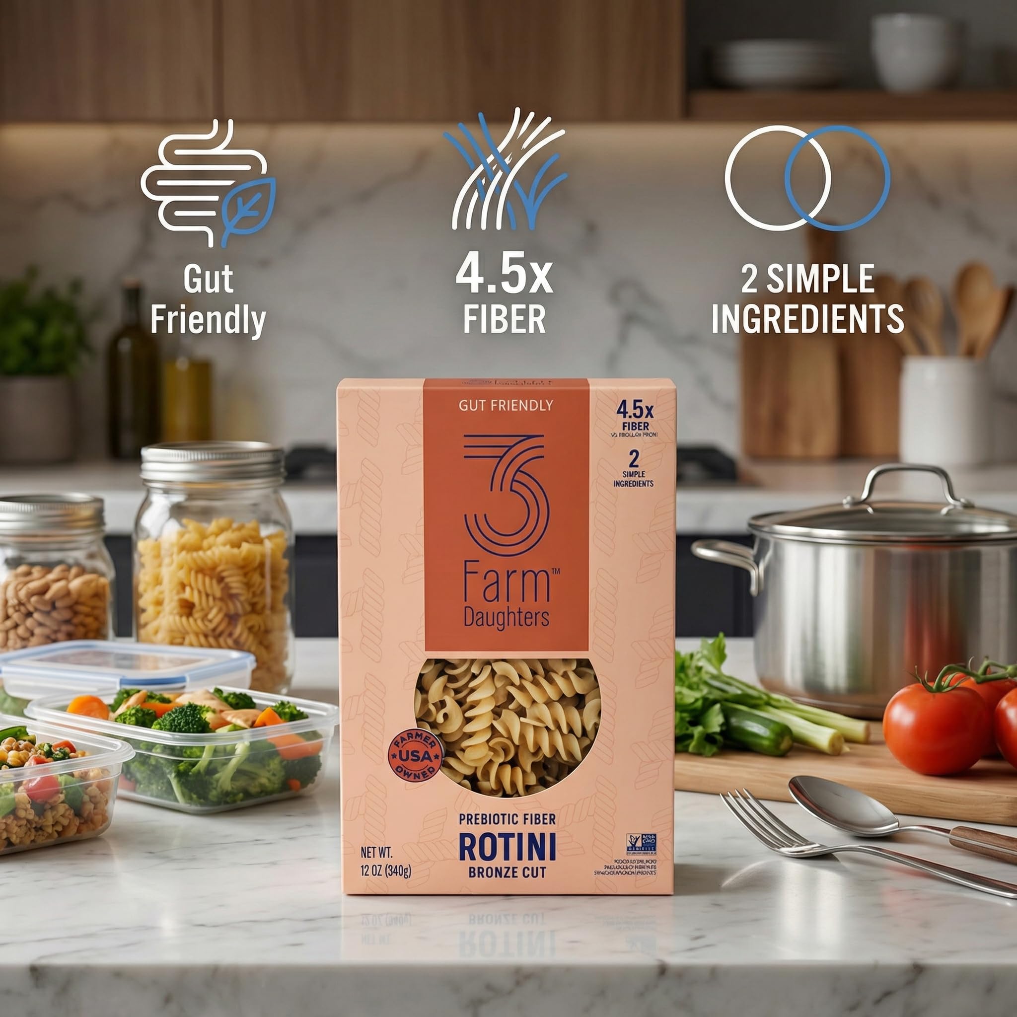 Three Farm Daughters Pasta Rotini 12 Oz - with Food Bag Clips - Spiral Pasta For Salads And Meals, Durum Wheat Noodles, Pantry Staple, Easy Cooking