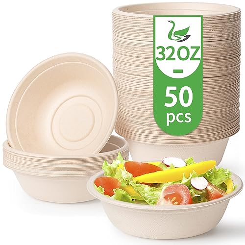 Green Tree Products Disposable Paper Bowls, 32 Oz [50 Pack] Large Bowl-100% Compostable, Biodegradable, Eco-friendly - Convenient for Daily Use