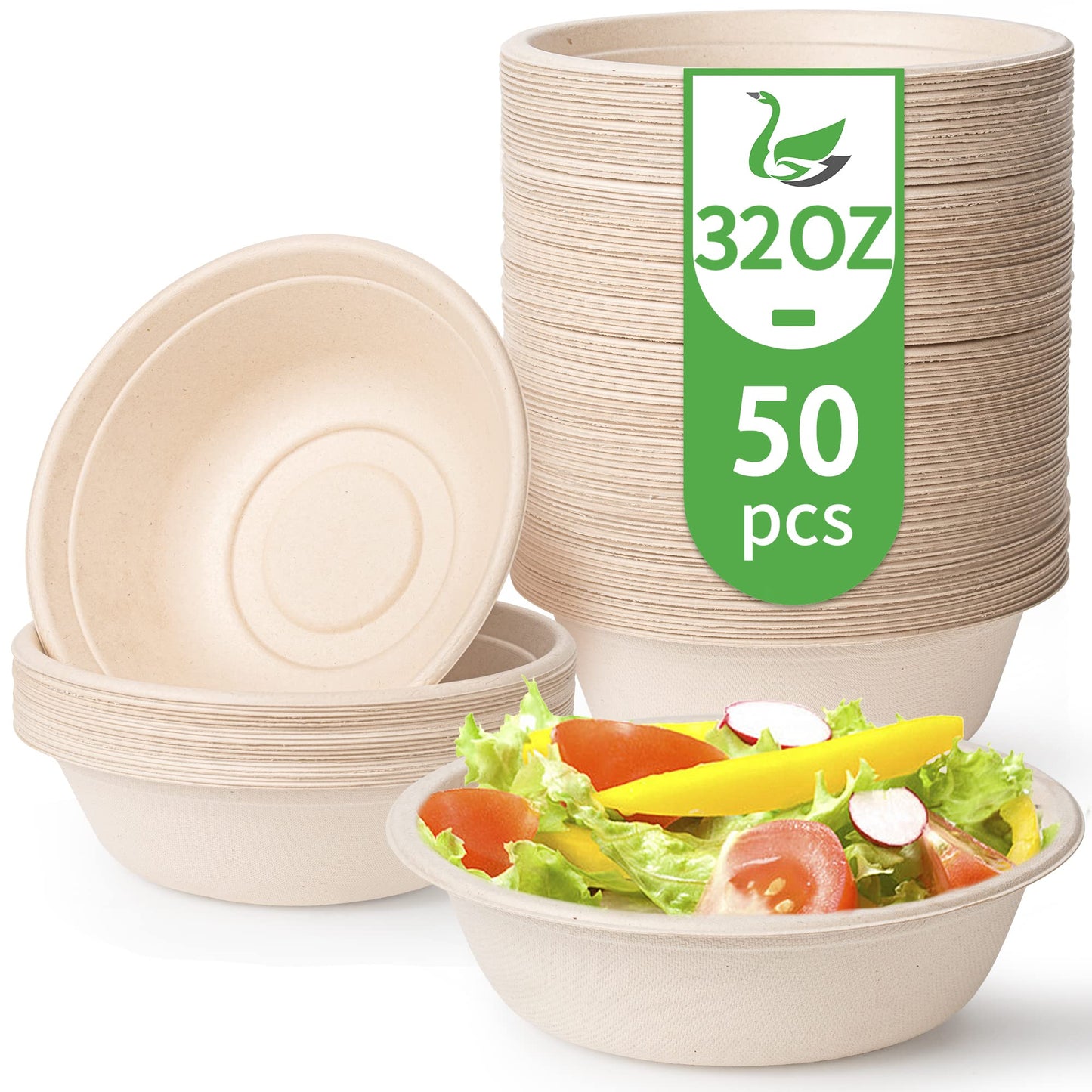 Green Tree Products Disposable Paper Bowls, 32 Oz [50 Pack] Large Bowl-100% Compostable, Biodegradable, Eco-friendly - Convenient for Daily Use